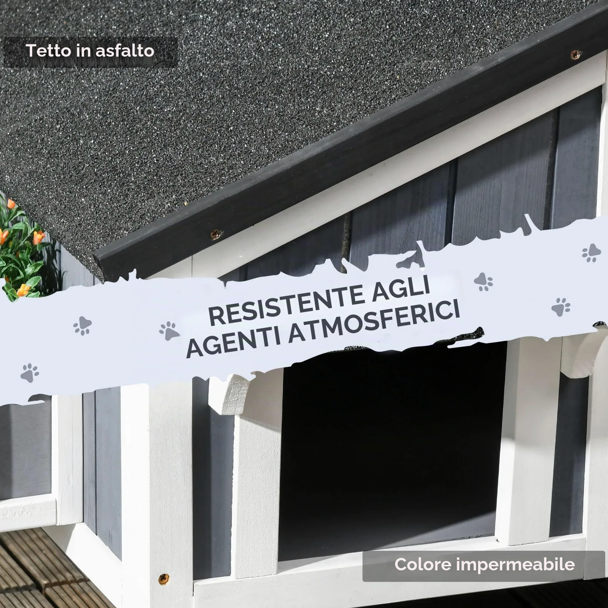 PawHut Casetta per Gatti in Legno di Abete - Rifugio a 2 Piani Con Diversi Ingressi, Grotta All'aperto, Tetto in Asfalto, Fioriera - Resistente All'inverno