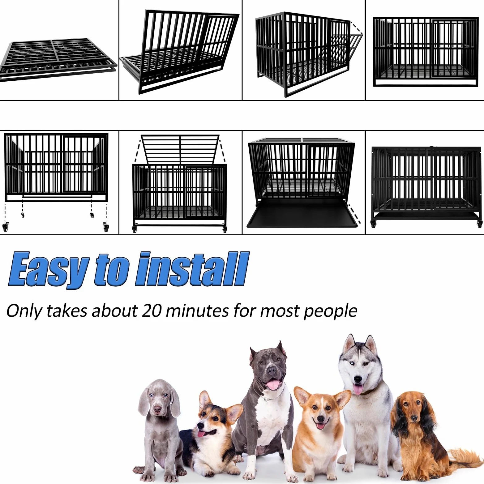 Grande gabbia per cani, canile indistruttibile per cani in acciaio legato resistente con ruote bloccabili, doppia porta e serrature robuste(Grande)