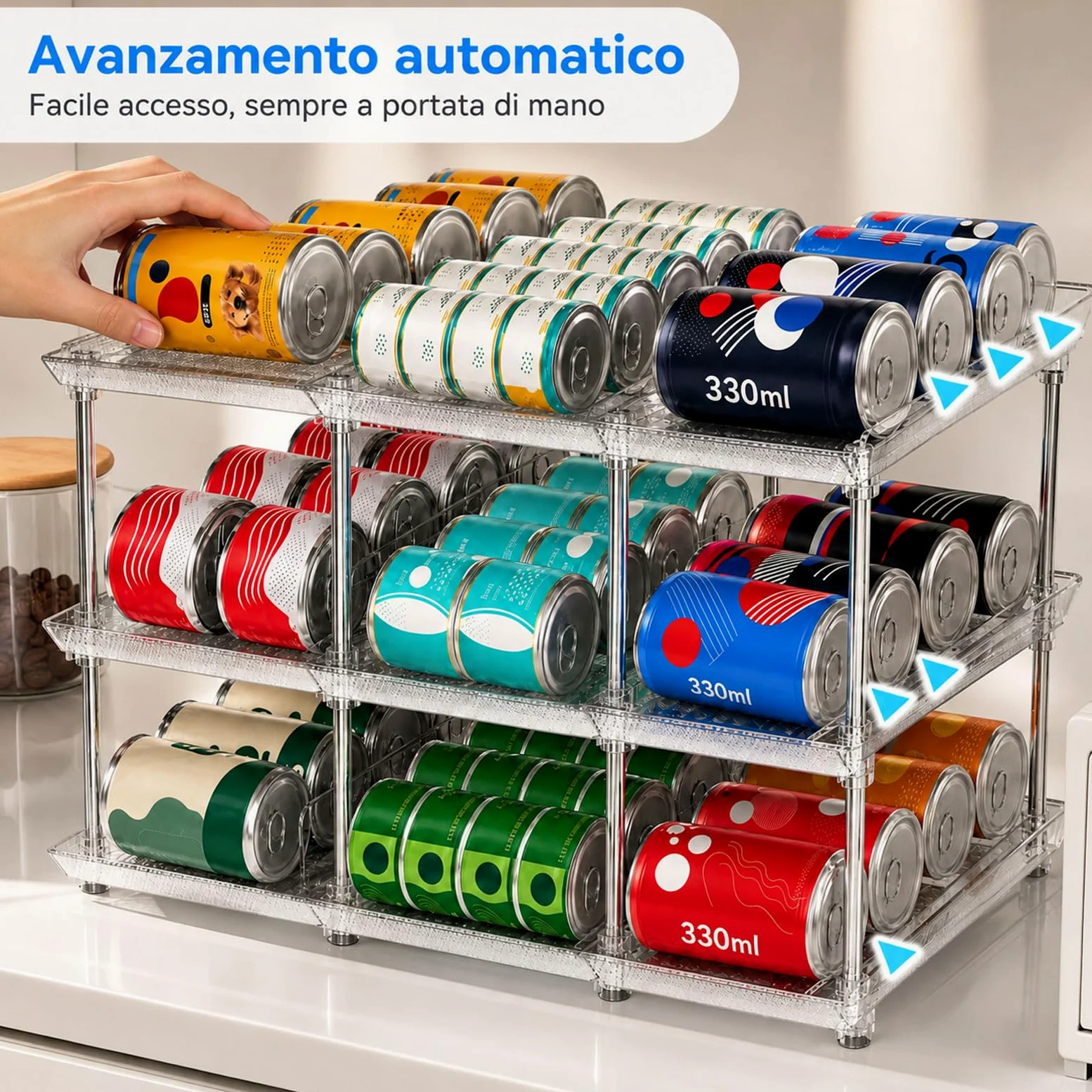 Organizzatore per Lattine e Barattoli da Conserva per Dispensa – Distributore a 3 Livelli Impilabile per Armadio Cucina e Frigo – Sistema di Conservazione Regolabile per Conserve, Bibite e