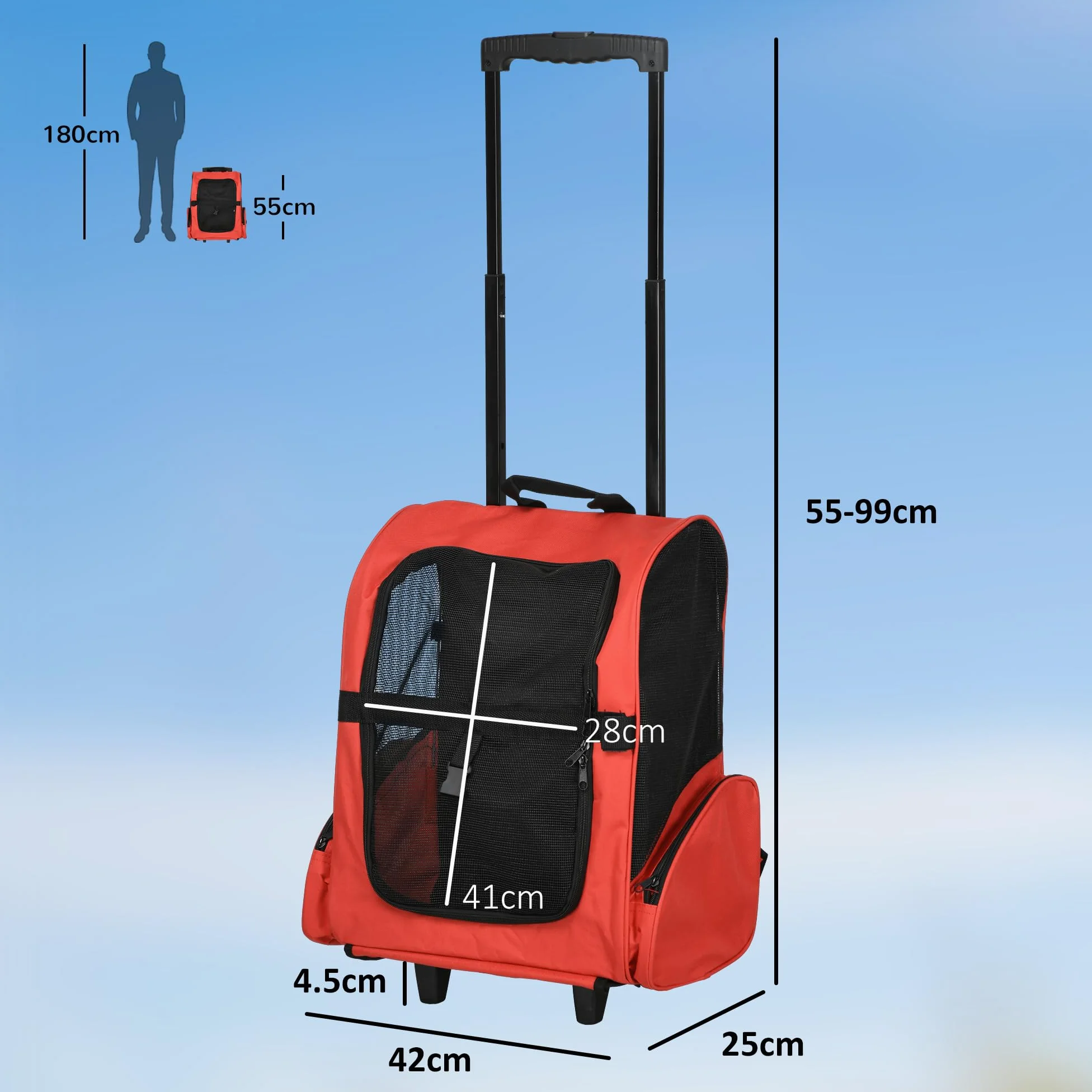 PawHut Trasportino Zaino 2 in 1 per Cani e Gatti con Tasche Laterali, Maniglia Telescopica e Ruote, 42x25x55cm, Rosso