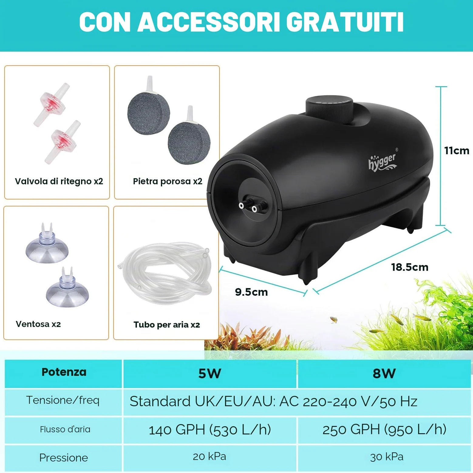 hygger Ossigenatore per Acquario,5W Pompa ad Aria per Acquario Regolabile Pompa Ciotola per Pesce con Tubo Aria, Pietra Aerea E Valvola di Non Ritorno Air Pump Fish Tank