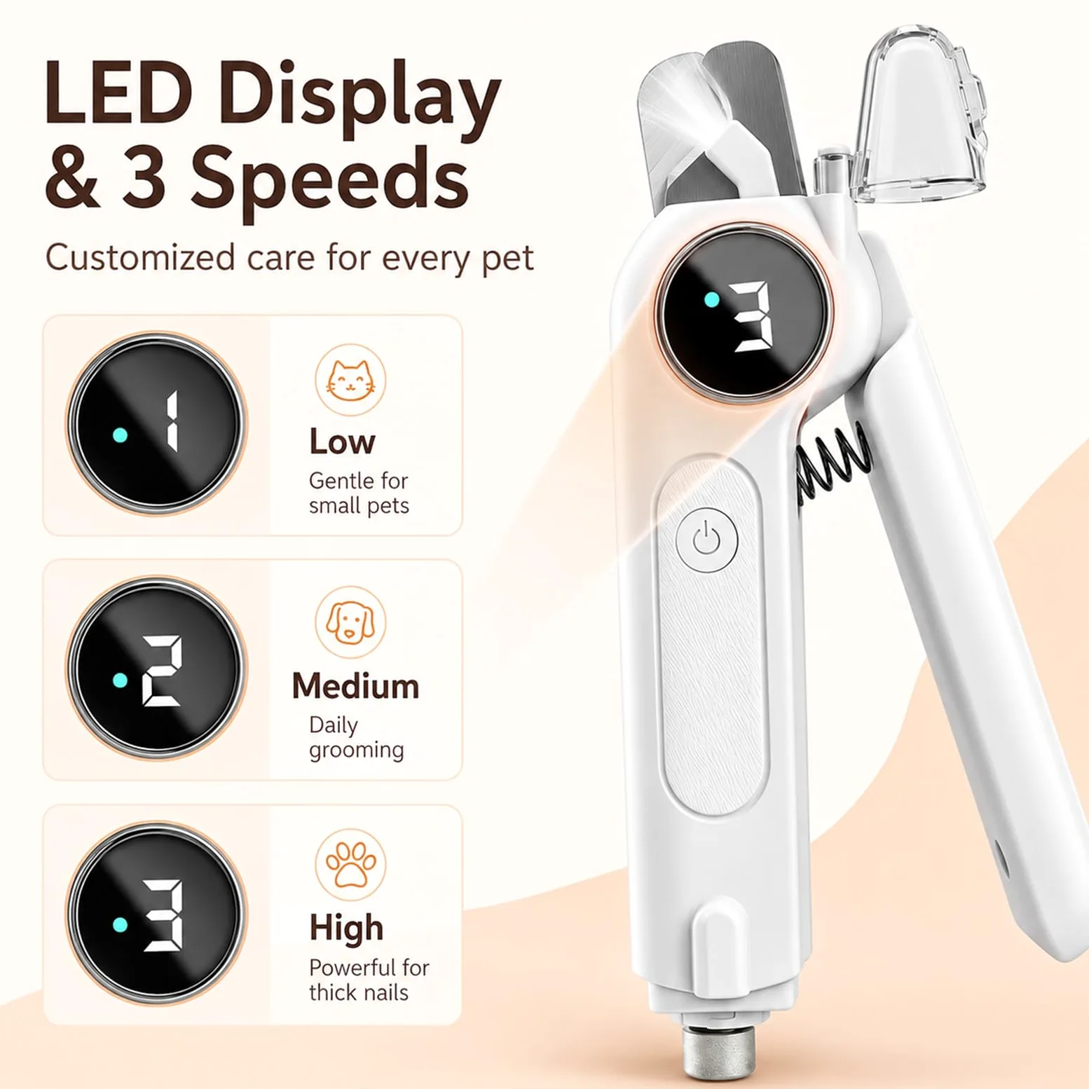 Tagliaunghie 2 in 1 per animali domestici, con luce LED, silenzioso, ricaricabile USB-C, per cani, gatti, cuccioli e gattini