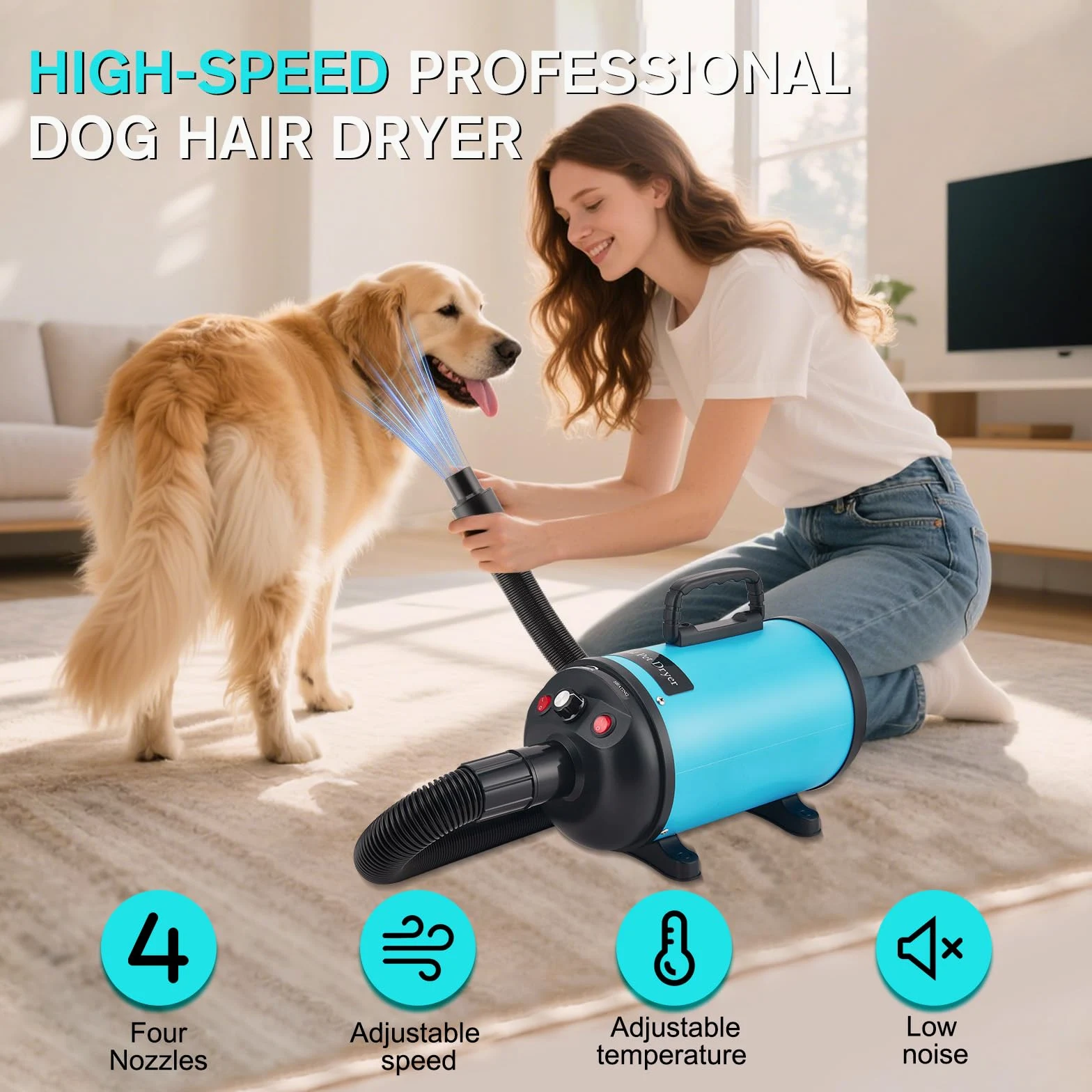 Asciugacapelli per cani, asciugacapelli per cani, 3800 W/4,5 CV, asciugacapelli professionale per la cura del pelo, regolazione continua della velocità, a basso rumore, con 4 diversi ugelli, tubo