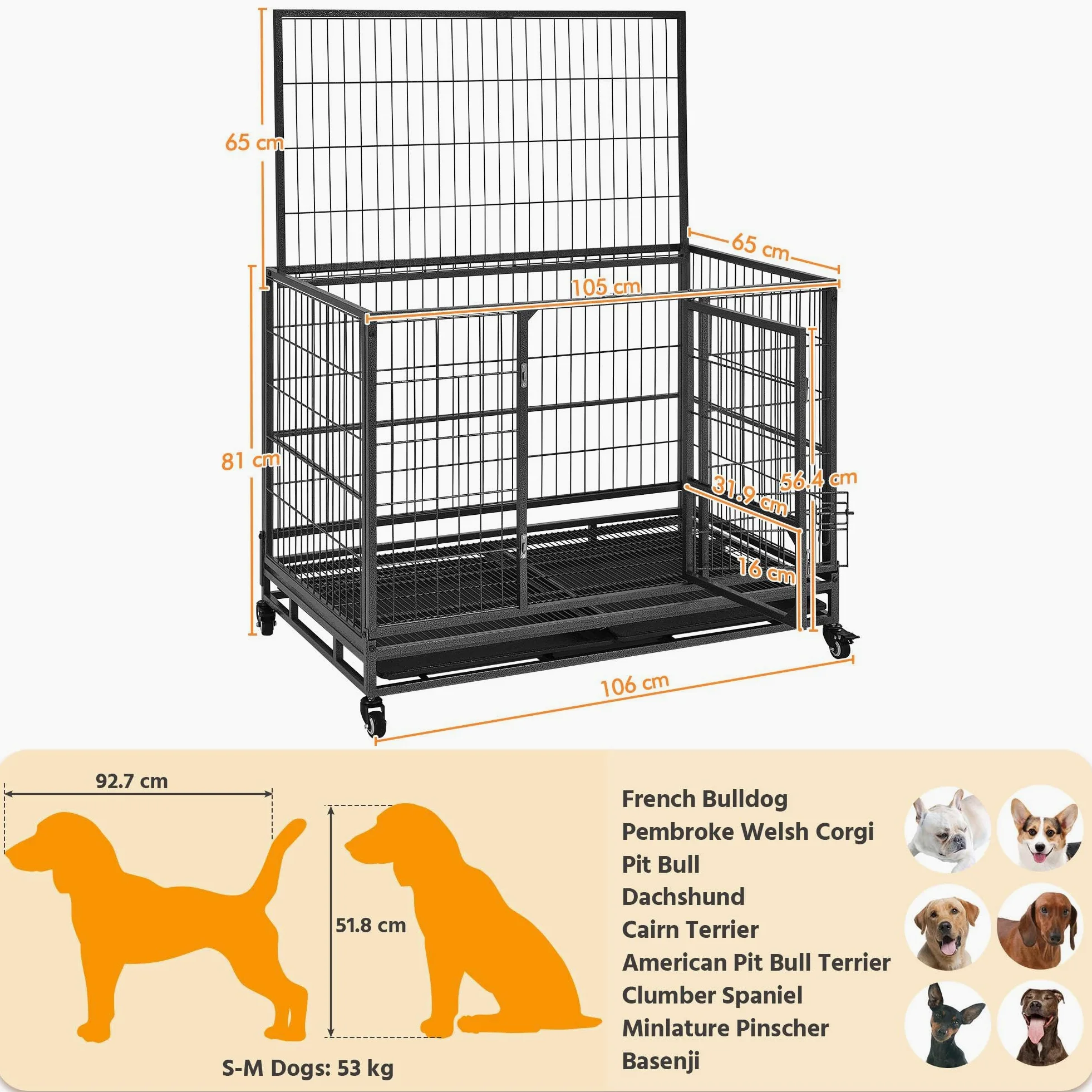 Yaheetech Gabbia per Cani Kennel Pieghevole 106 x 65 x 81 cm in Metallo Grande Tetto Apribile Medio con Ruote e Chiavistello Due Vassoi Rimovibili Sportello Nero