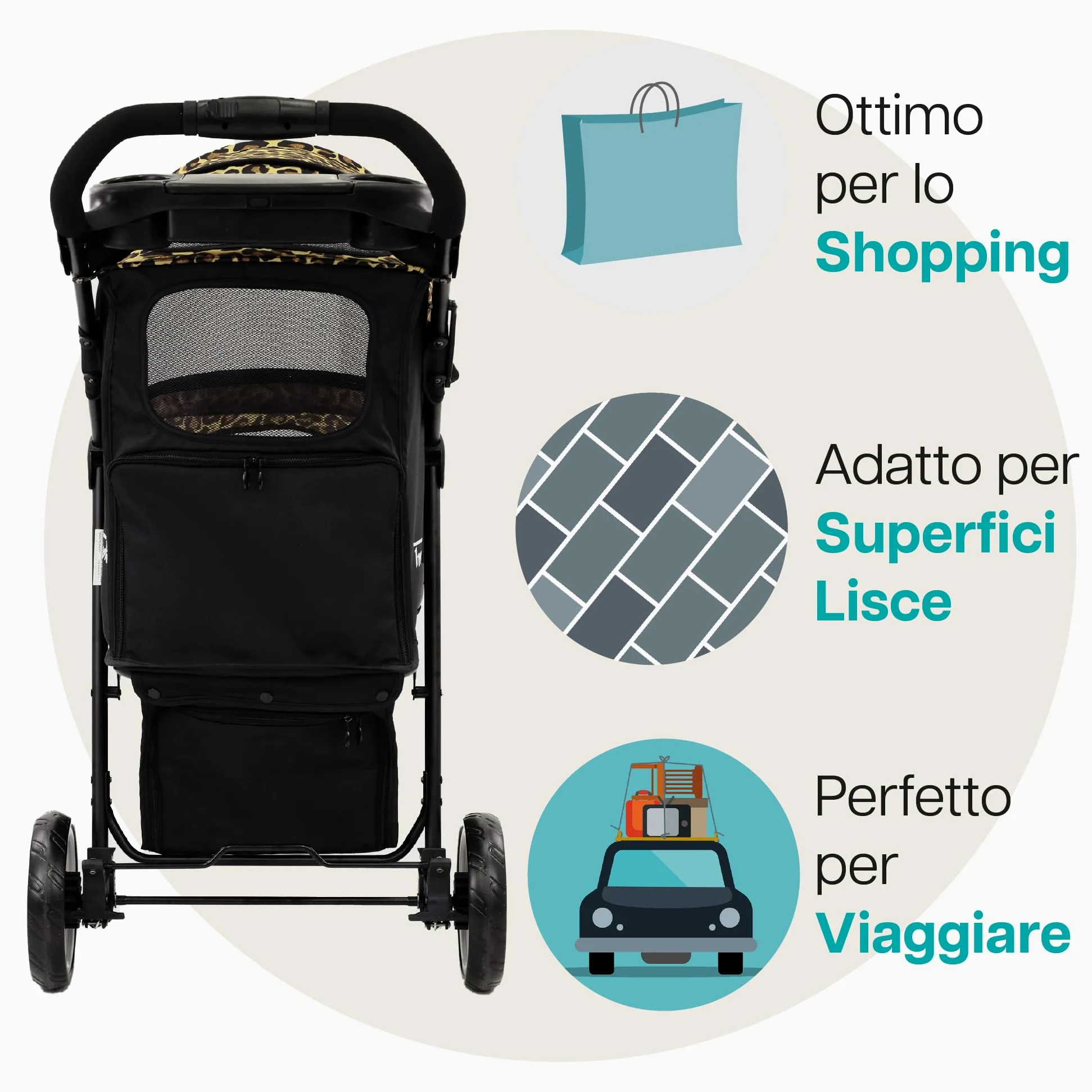 Innopet Buggy Allure Cheetah - Elegante passeggino per cani con stampa leopardata, pieghevole con una sola mano - Ruote antiforatura - Peso massimo 20 kg - carrozzina ideale per gatti