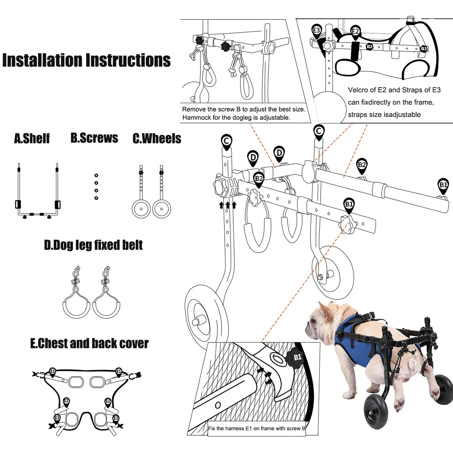 Carrello Cani Disabili Sedia a Rotelle per Cani con Supporto Completo A 2 Ruote, per Tutore per Gambe, Sedia A Rotelle per Esercizi per Animali DisabiliBlue,XS