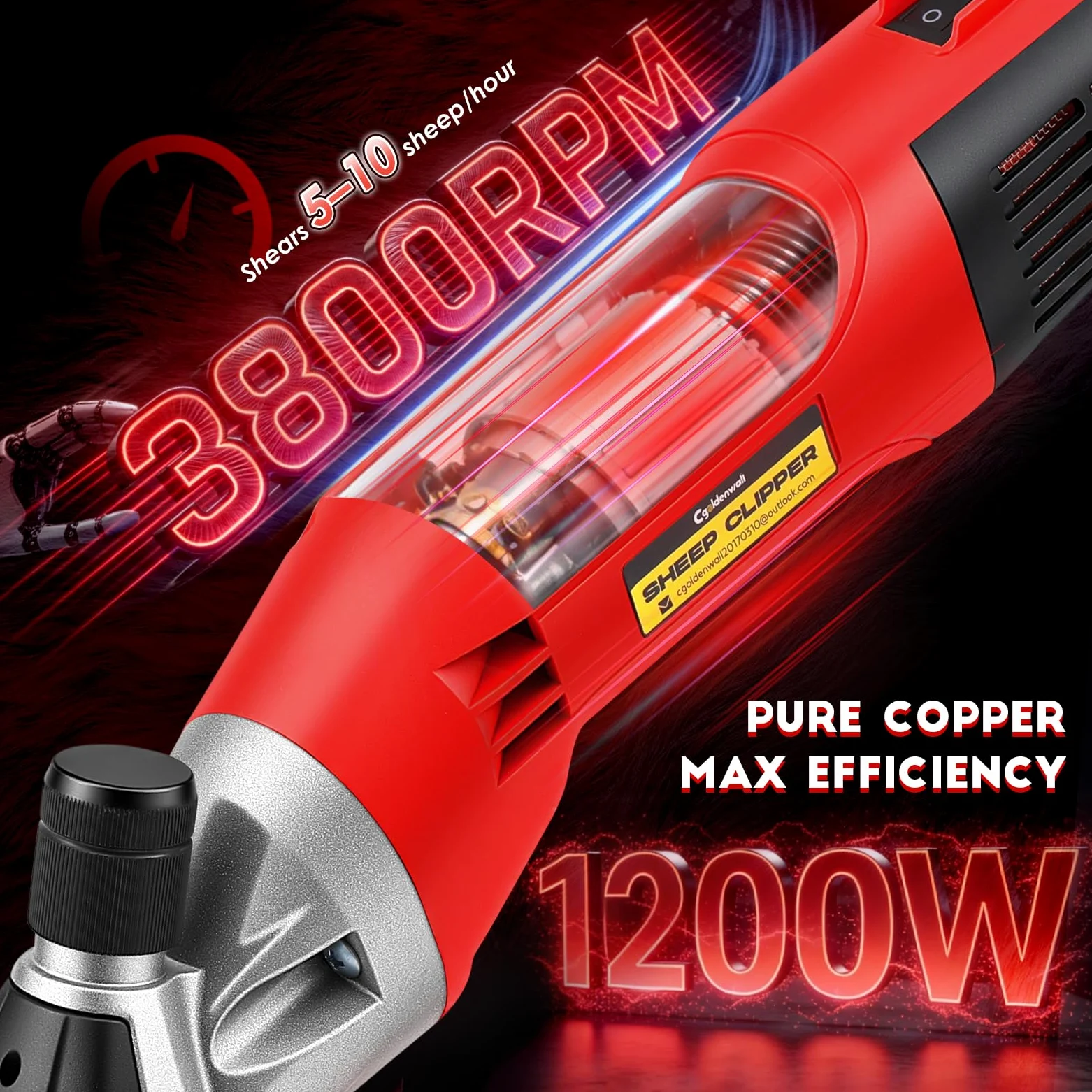 CGOLDENWALL 1200W Tosatrice per Pecore Elettrica Professionale, Motore Alte Prestazioni 3800RPM, Regolazione 6 Veli, Lama a 13 Denti per Pecore, Capre, Alpaca & Bestiame con Pelliccia Spessa