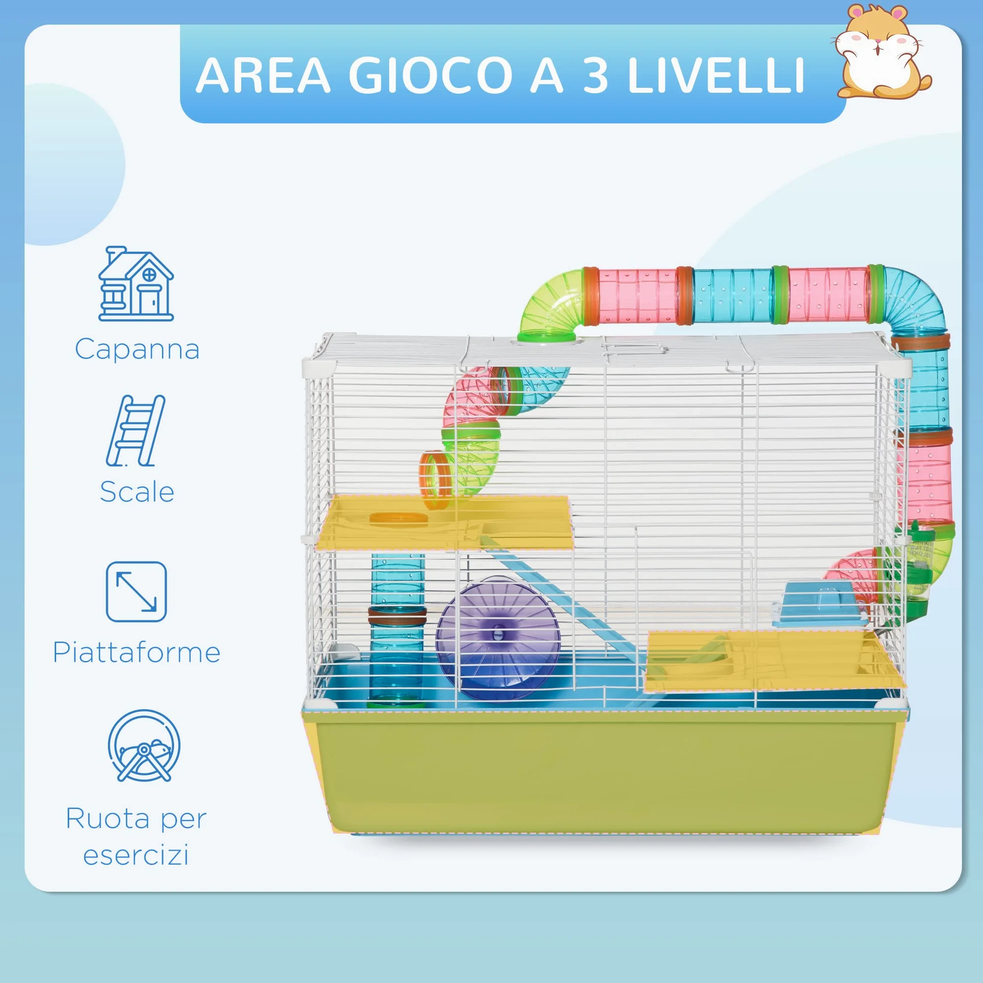 PawHut Gabbia per Criceti a 3 Livelli con Tubi, Casetta, Serbatoio dell'Acqua e Ruota, 59x36x47 cm, Azzurro e Bianco