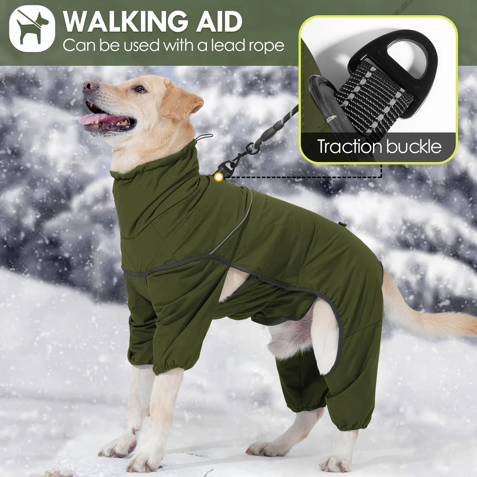 Cappotto riscaldato per cani a quattro zampe, impermeabile, regolabile, con collo alto a ritrazione, abbigliamento invernale per cani di taglia piccola, media e grande (verde, 3XL)