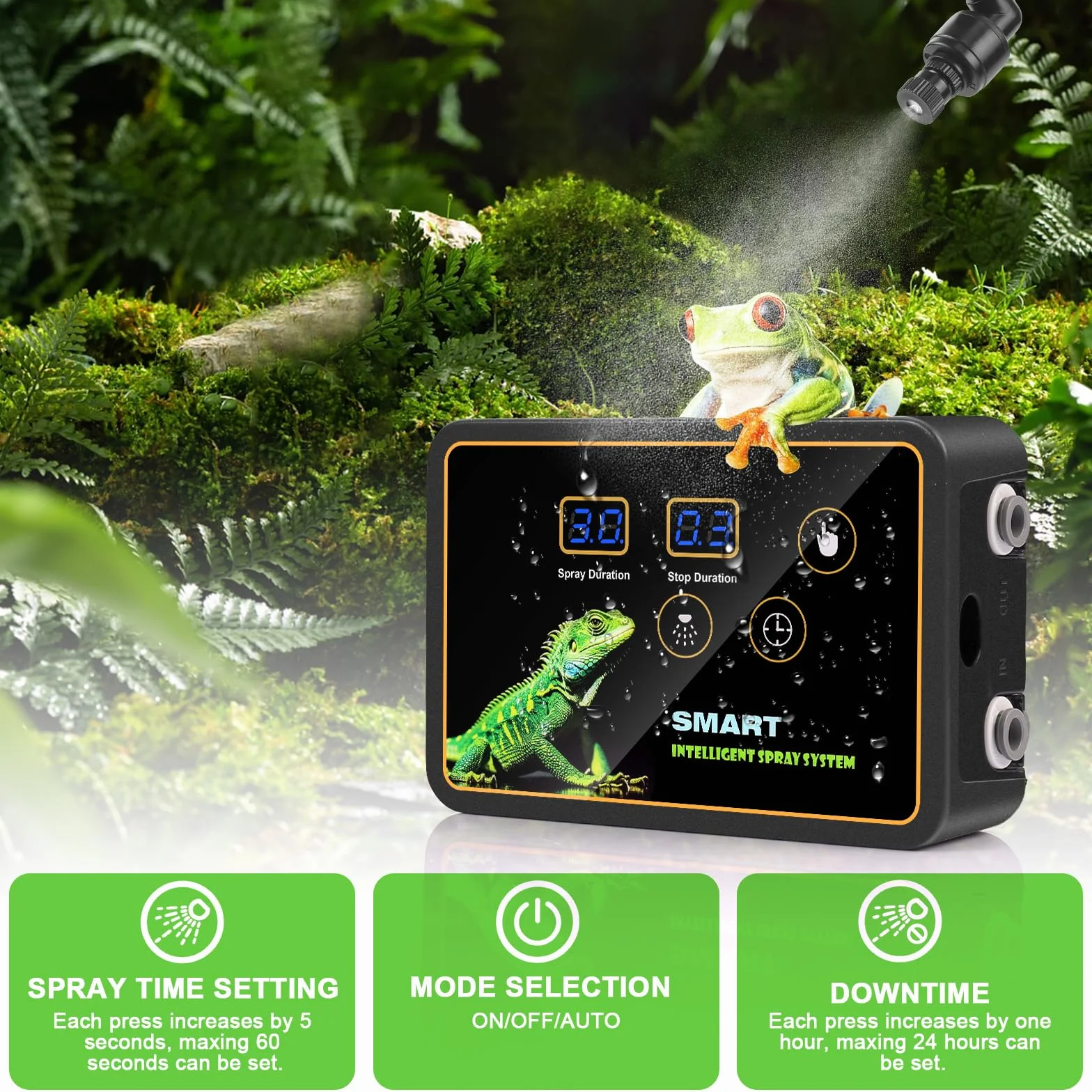 Nebulizzatore Terrario, Glovios Nebulizzazione per Teca Rettili, Umidificatore per Rettili con Timer e Ugelli a 360°, Umidificatore Rotante per Anfibi Rettili Piante Fiori