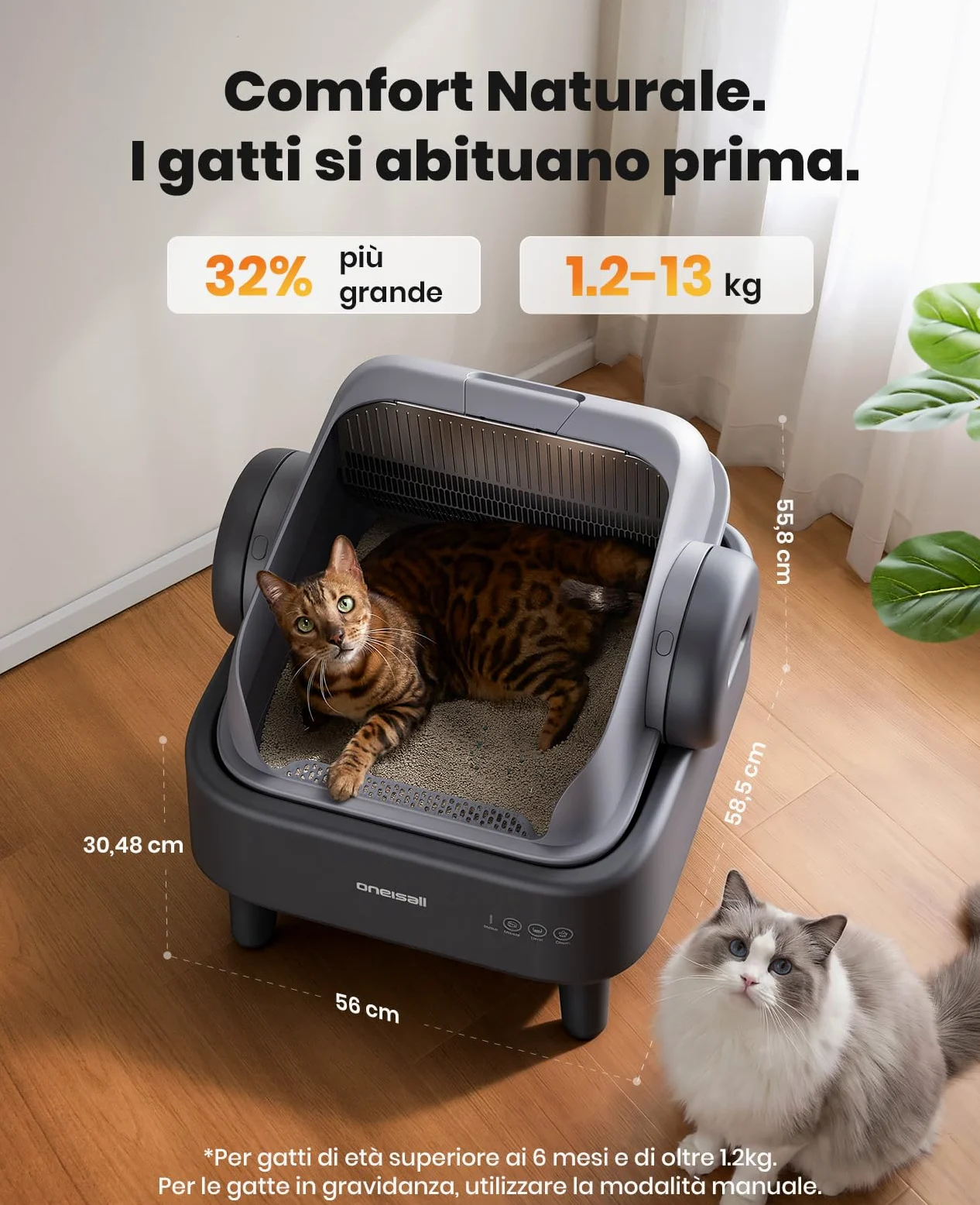oneisall Lettiera Gatto Autopulentecon sistema EaseClean™, Lettiera Autopulente per Gatti XXL per gatti grandi, griglia in acciaio inox, modalità automatica e manuale, incl. Tappetino e 40 Sacchetti