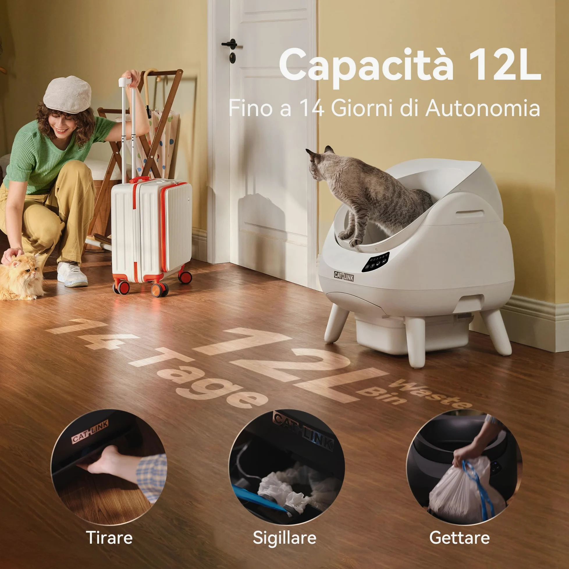 CATLINK Lettiera Autopulente per Gatti, Design Aperto con Ingresso dall'Alto, Wi-Fi 5 GHz, Capienza XL 12L, Compatibile con Tutti i Tipi di Sabbia, Ideale per Famiglie con Più Gatti(Bianco)