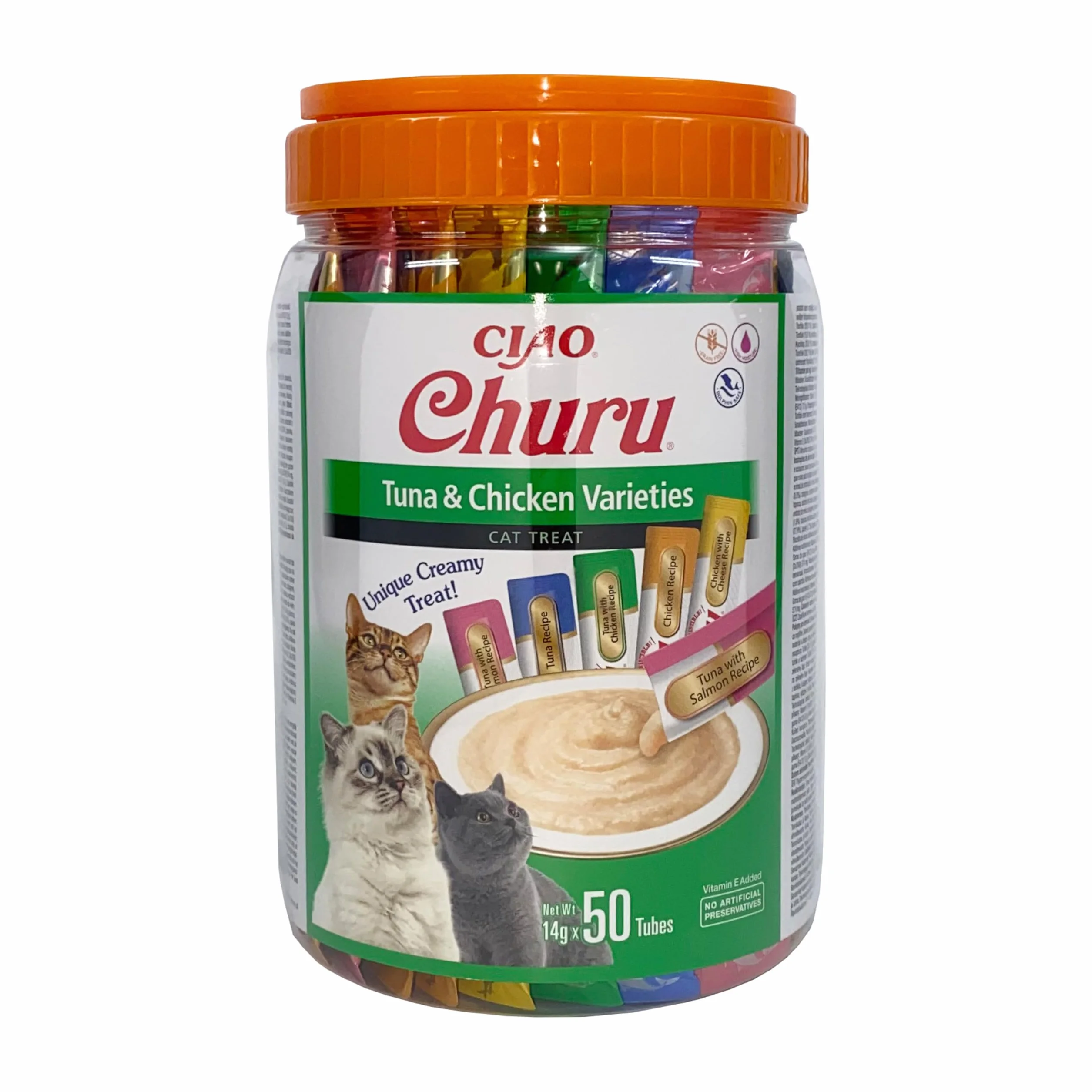 INABA Churu Snack per Gatti Cremoso in 4 Varietà al Tonno e Pollo - 50 Stick x 14g - Cibo per Gatti da Leccare, Sano e Delizioso - Snack Gatto Senza Conservanti o Coloranti Artificiali, Grain-Free