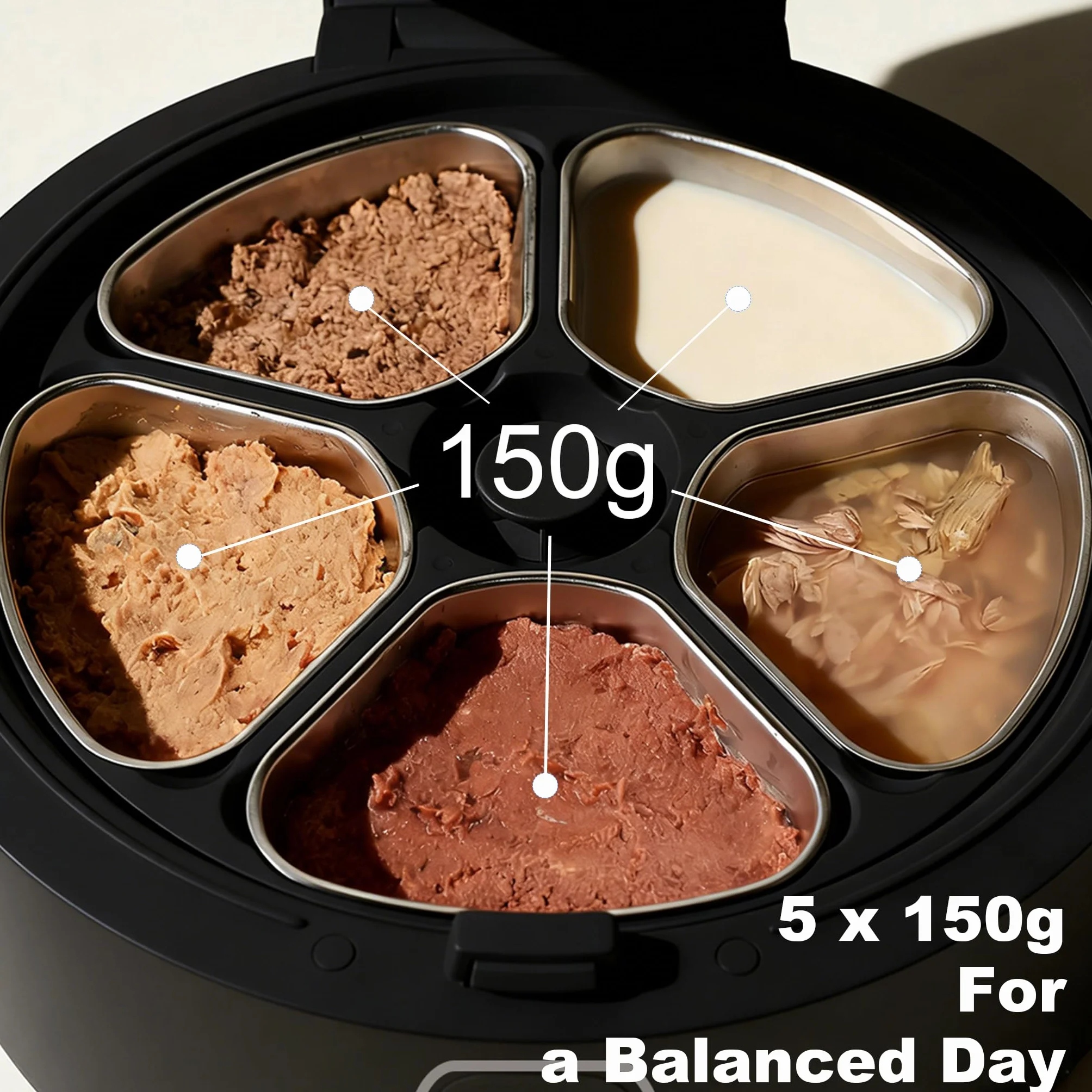 Alimentatore automatico per alimenti umidi, alimentatore automatico per gatti monitorato due in uno, alimentatore automatico refrigerato per gatti con raffreddamento a semiconduttore, 5 pasti