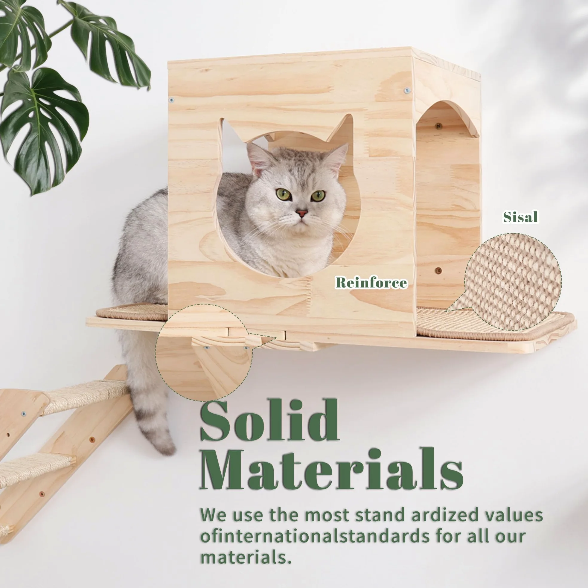 Set di mensole da parete per gatti, con casa, tiragraffi in sisal, gradini per arrampicarsi, in legno massello, per interni, design salvaspazio