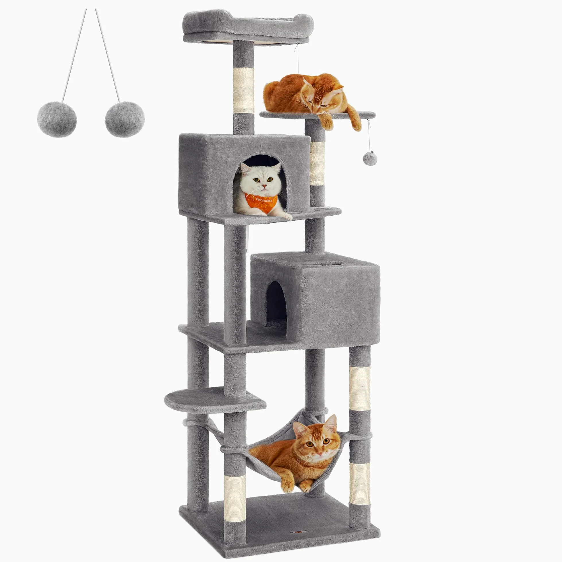 Feandrea Albero per Gatti Alto 191 cm, Tiragraffi per Gatti con 5 Pali Graffiatoi, 2 Posatoi, 2 Grotte, Amaca, 2 Pompon, in Peluche a Più Livelli, Grigio Chiaro PCT191W01