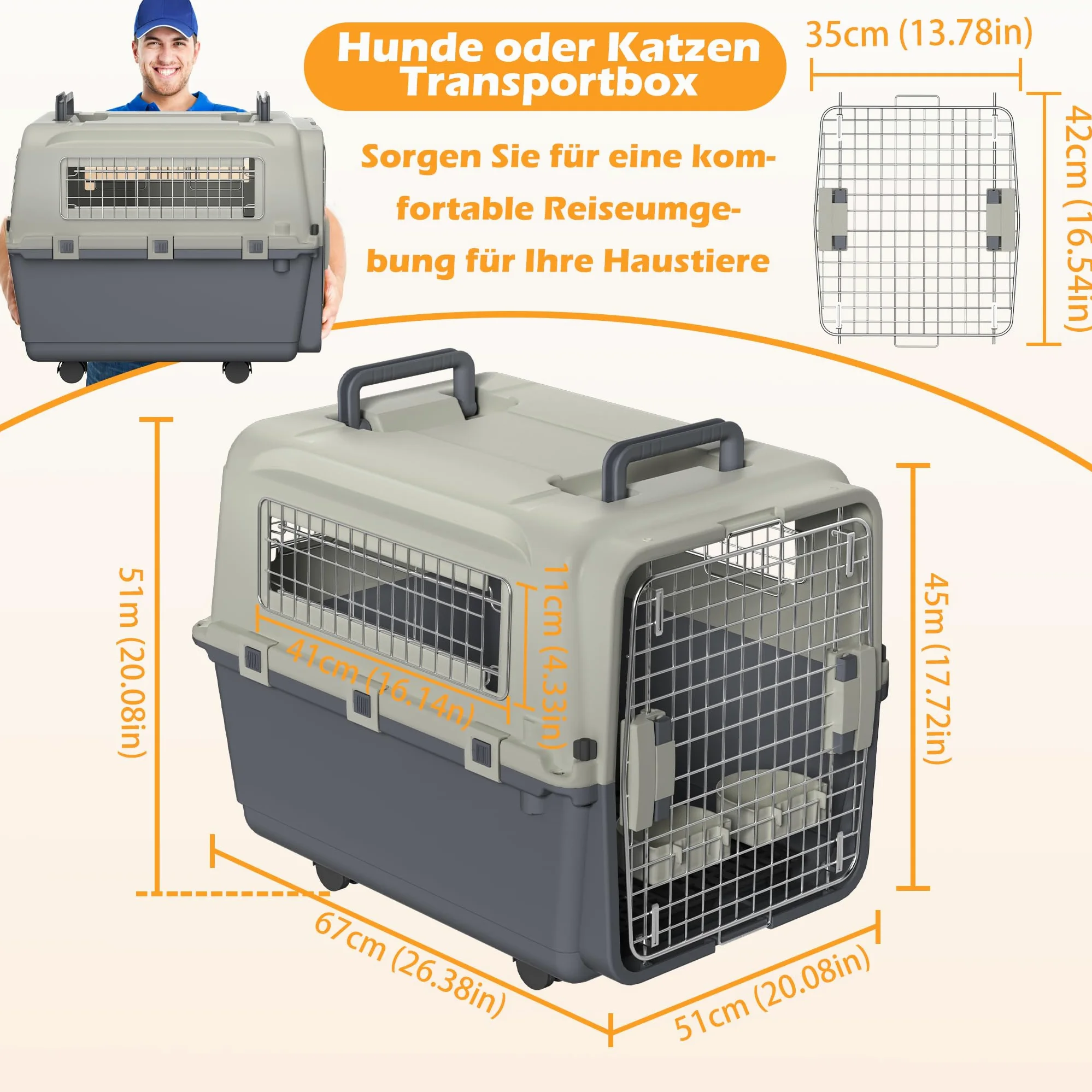 Trasportino per cani con ruote di trasporto, trasportino per gatti, in plastica, con porta di ventilazione, grande trasportino per cani (67 x 51 x 58,5 cm)