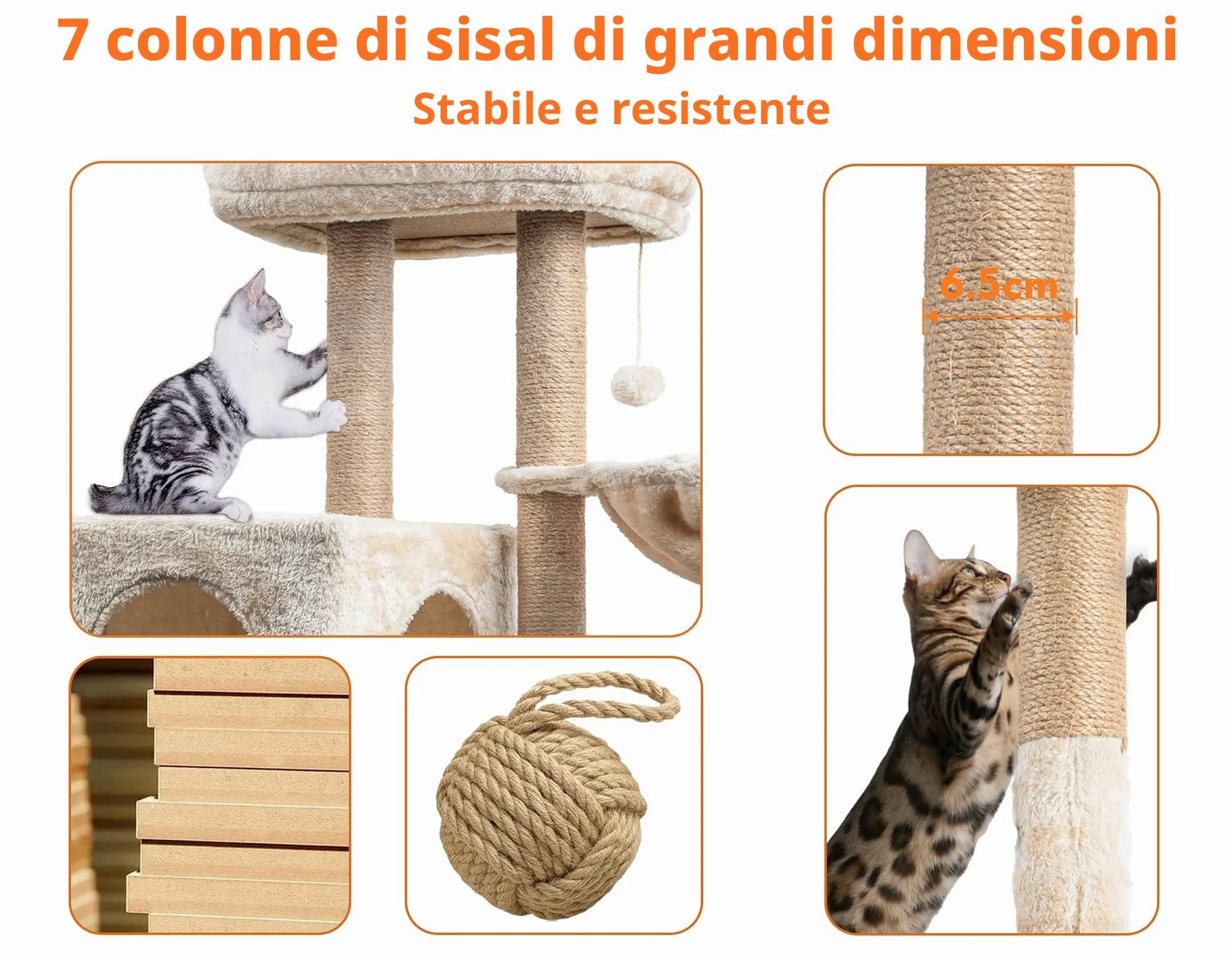 Tiragraffi per Gatti,145cm Alberi tiragraffi,tiragraffi gatto stabile multilivello,Alberi per attività per gatti con 7 pali in sisal, 5 piattaforme, 2 nidi per gatti Mobili per animali da interno
