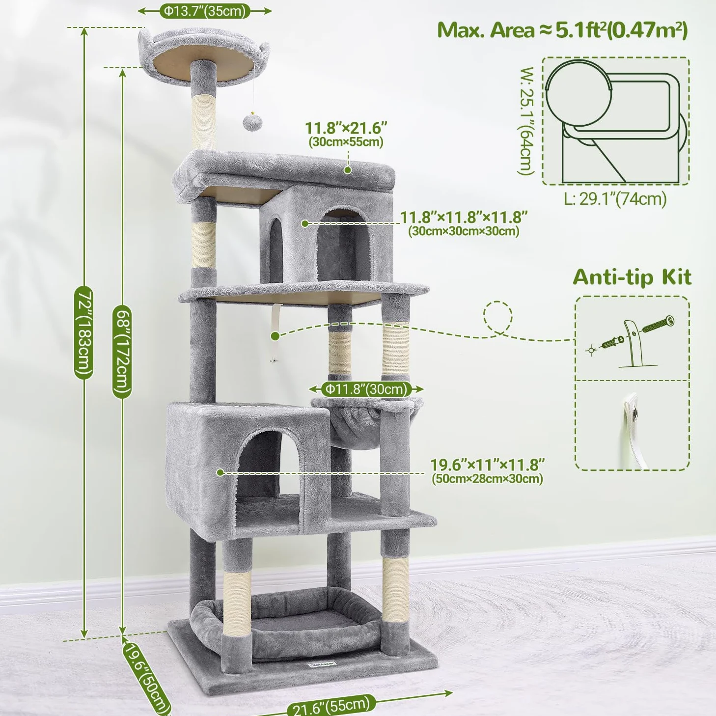 Globlazer Tiragraffi per Gatti Grandi, Castello per Gatto Alto 183 cm con Grotte Piattaforma Cesto Cuccia, Albero Gatti Stabile per Adulti Maine Coon Riposare Giocare Interno (S72, Grigio Scuro)