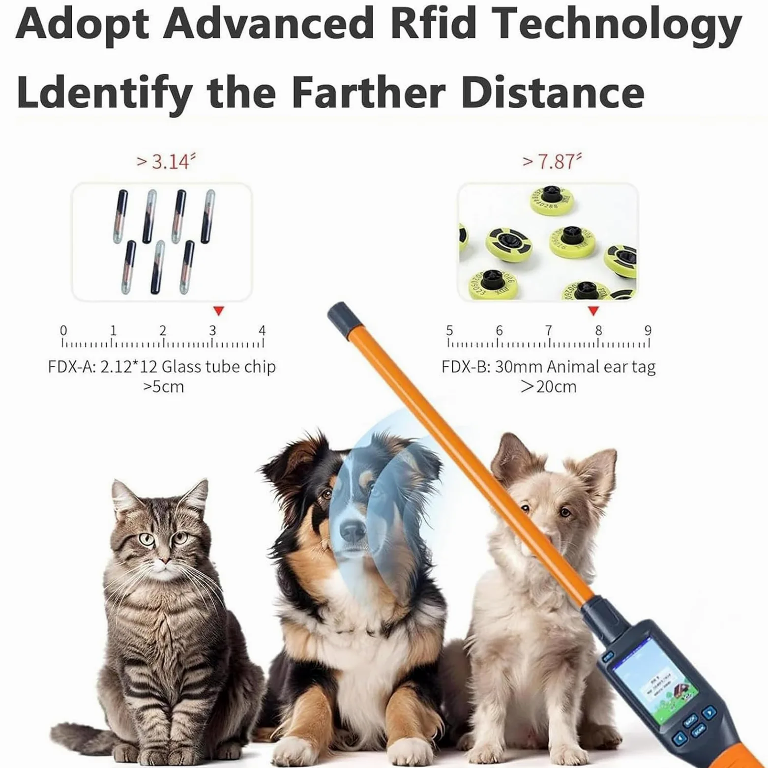 Lettore di microchip per animali domestici, identificatore per marchi auricolari, memoria per 20000 dati, ideale per allevamenti, rifugi per animali e proprietari di animali domestici.