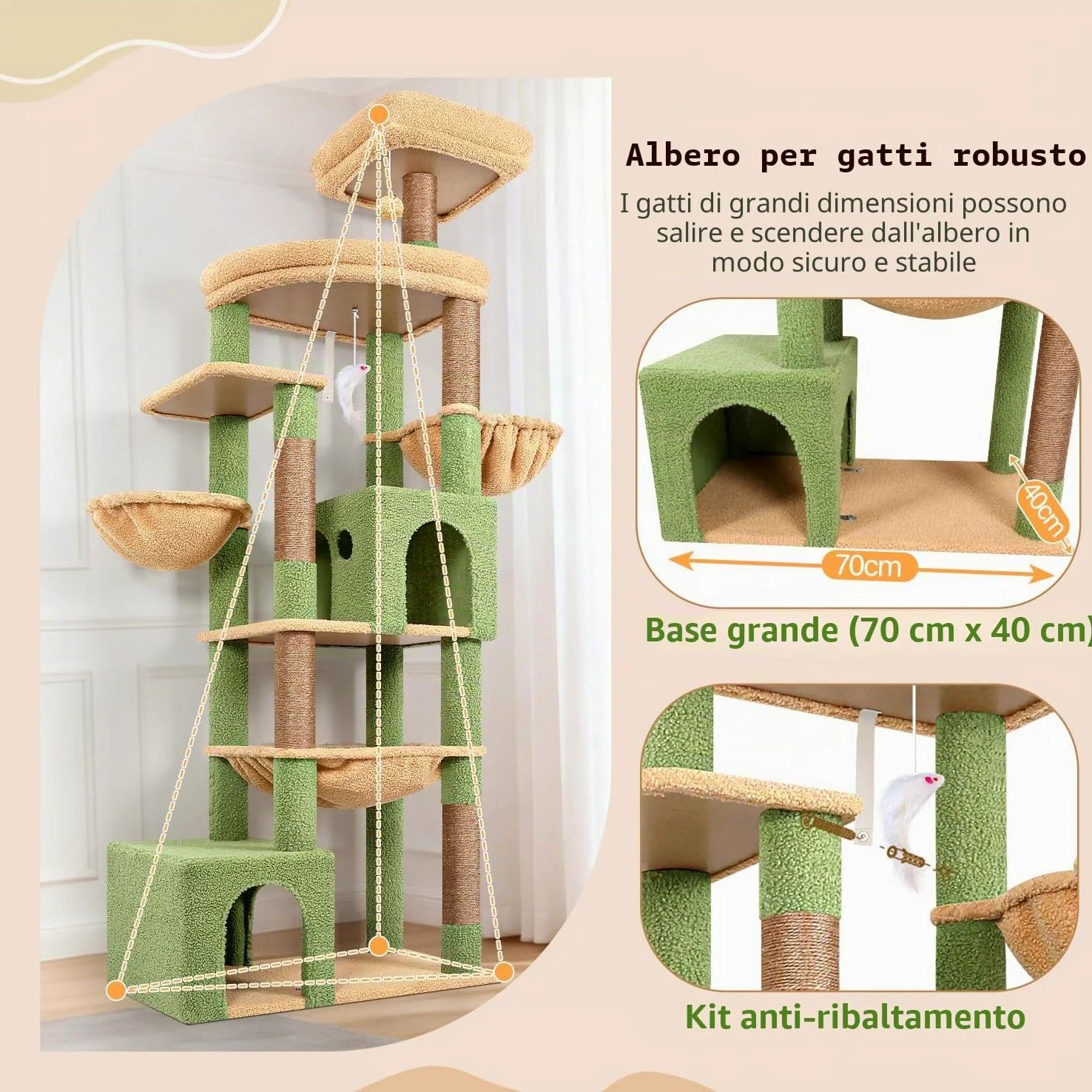 Globlazer Albero Tiragraffi per Gatti XXL 194 cm con 2 Grande Grotte, Immenso Amaca 50 * 40CM, Piattaforma Imbottiti, 2 Cestini, Trespoli, Enorme Cactus Tiragraffi per 3-5 Gatti Adulti (S76B, Verde)
