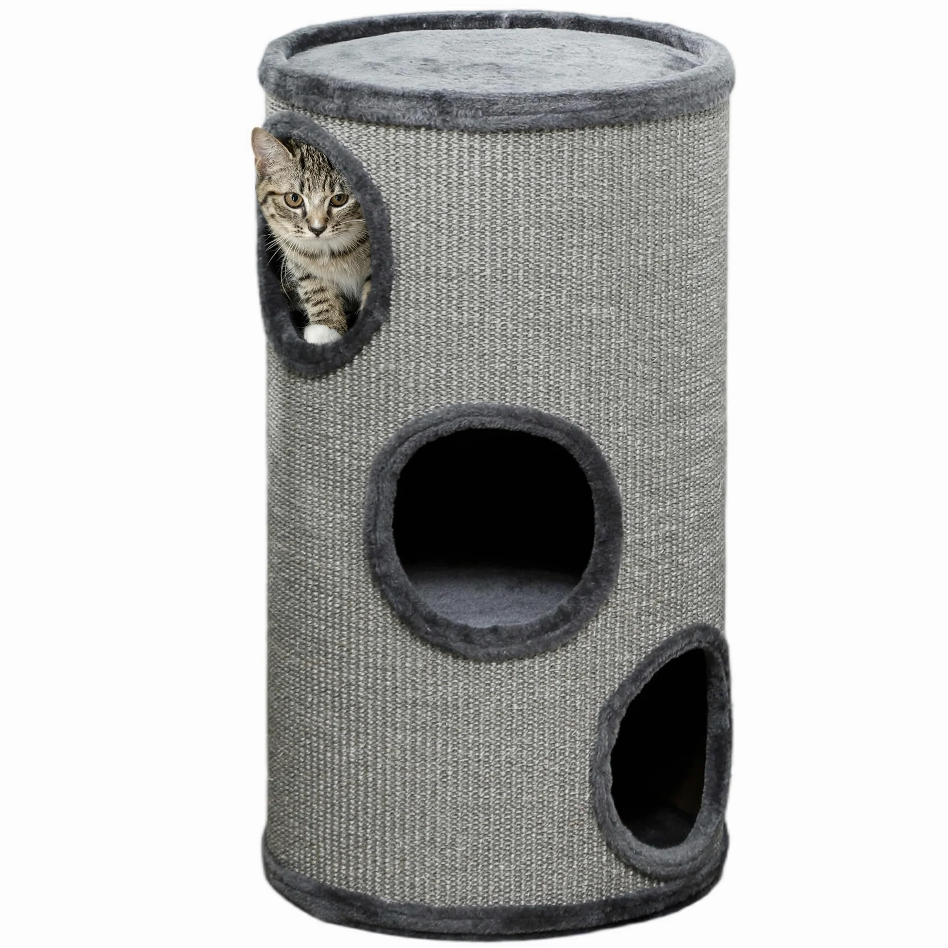 PawHut Cuccia per Gatti a 3 Livelli con Tiragraffi in Sisal e Rivestimento in Peluche, Casetta per Gatti da Interno Multilivello, Ø38x70 cm, Grigio