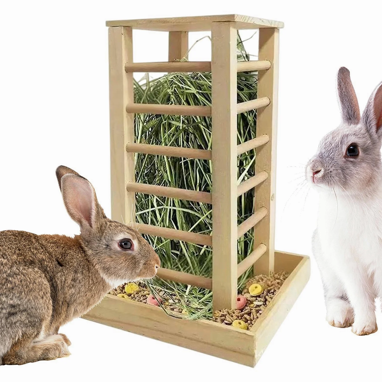 Mangiatoia per fieno per conigli, in legno, per piccoli animali, con ganci per appenderlo, design robusto masticabile, mantiene fresco, ideale per conigli, furetti, scoiattoli, cincillà, criceti