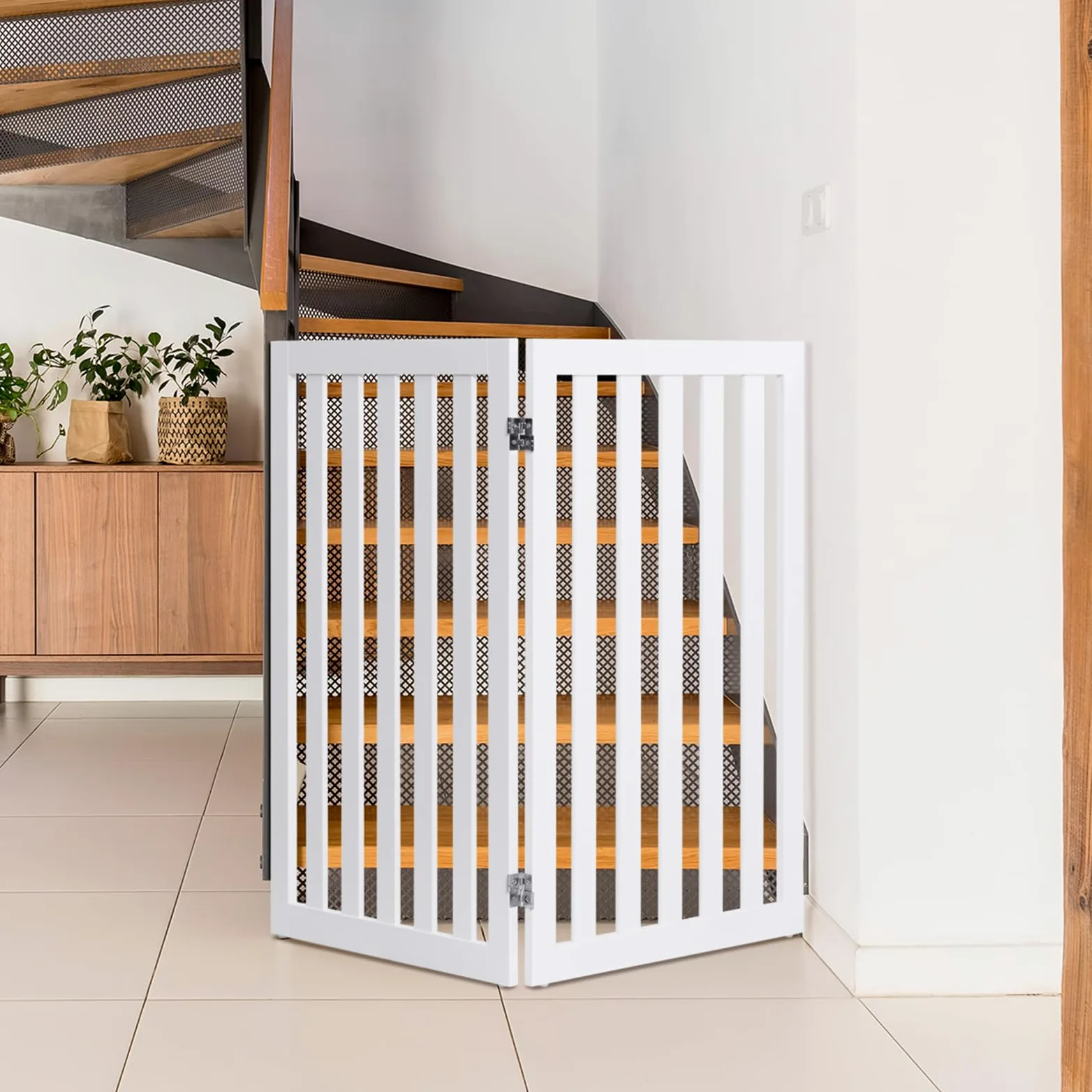 COSTWAY Cancelletto per Cani Pieghevole in Legno con 2 Ante, Ideale per Scale, Soggiorno e Cucina, 89 x 101 cm, Bianco