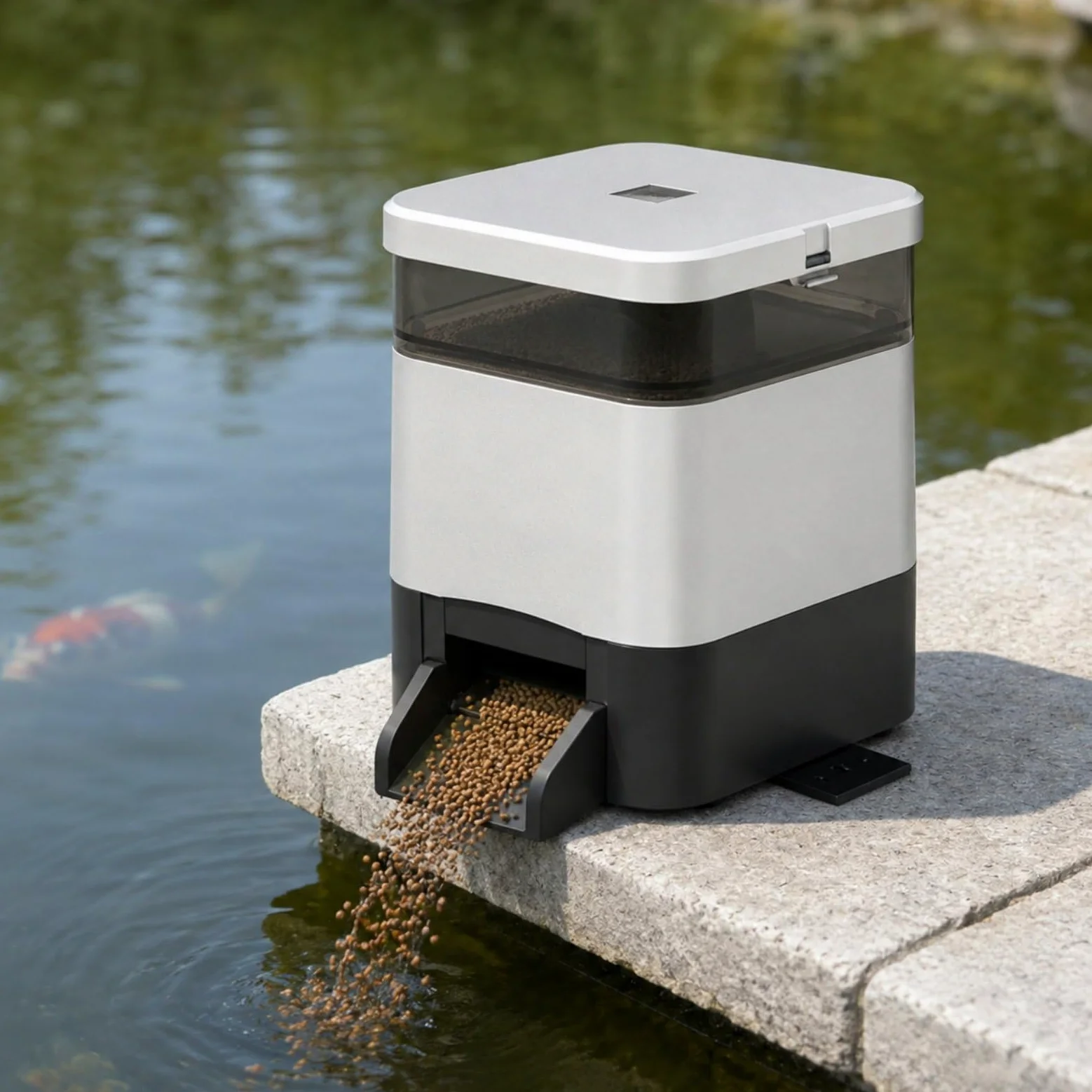 Alimentatore Automatico per Pesci Solare, Mangiatoia per Pesci da Laghetto con Controllo App, 4L Grande capacità, 1–12 Pasti Quotidiani, 5 Impostazioni Porzione Silver