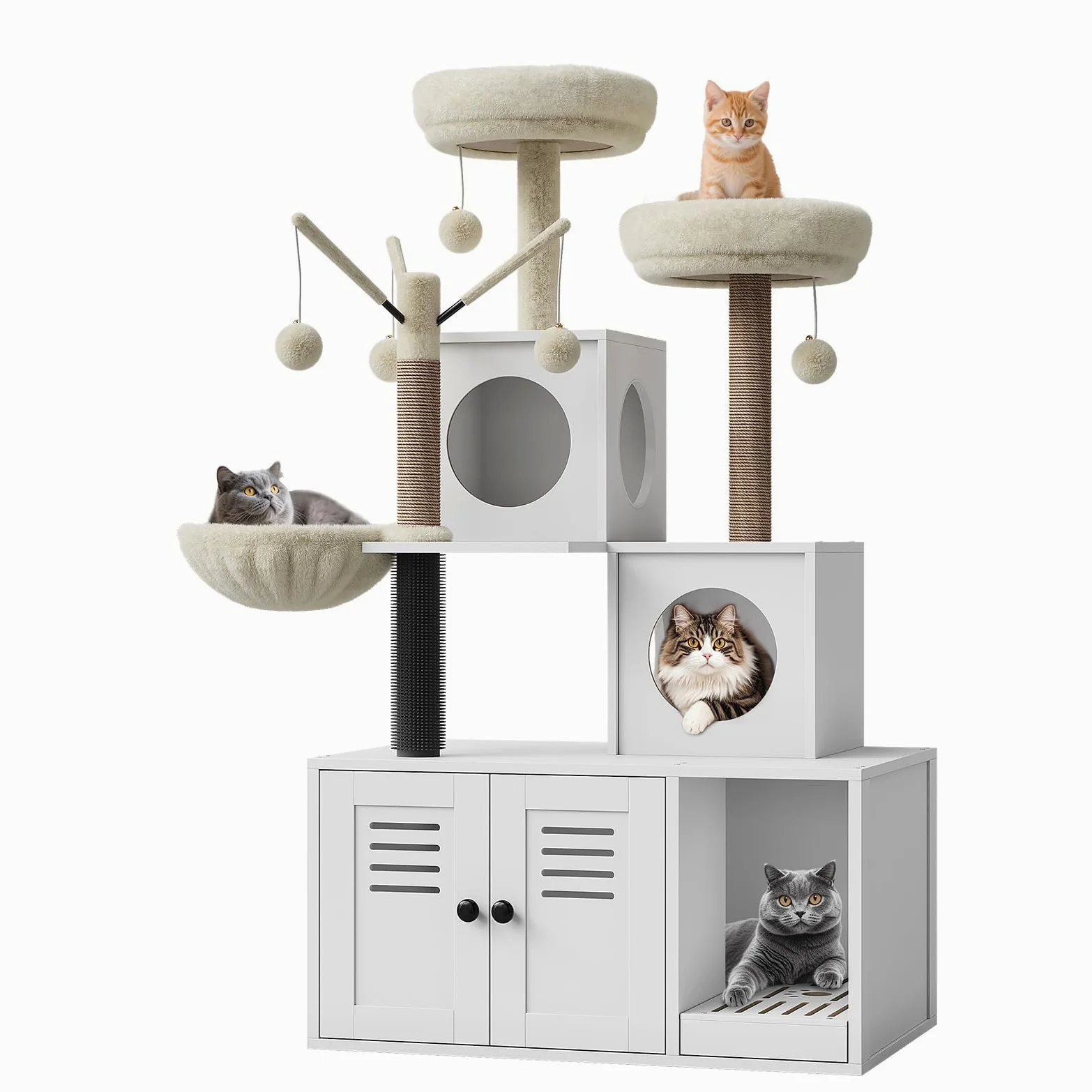 Garvee Mobile Lettiera Gatto 2-in-1 con Tiragraffi in Sisal – Torre Condominio Moderna – Amaca, Spazzola, Giochi, Piattaforme Multiple – Arredo in Legno Bianco – Colore: as show, Spec