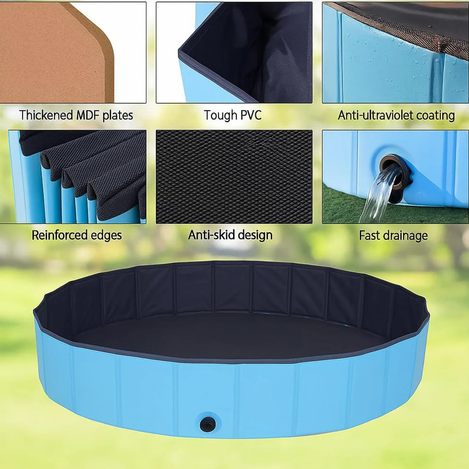 Piscina per Cani Piscina Pieghevole Non Gonfiabile in PVC Vasca Portatile Interattiva con Scarico Grande Vasca Rigida e Rotonda per Cani Gatti Cuccioli Animali 160 * 30CM