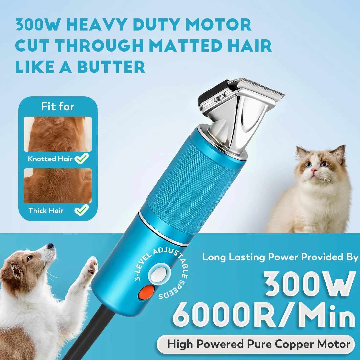 CGOLDENWALL 300W Tosatrice per Cani per Animali di Tutti i Tipi di Pelo, Velocità Regolabile su 3 Livelli da 2000-6000 giri/min, Cavo da 3 m, Rumorosità< 50DB, Con 2 Lame& 2 Pettini (3/6 mm, 9/12 mm)