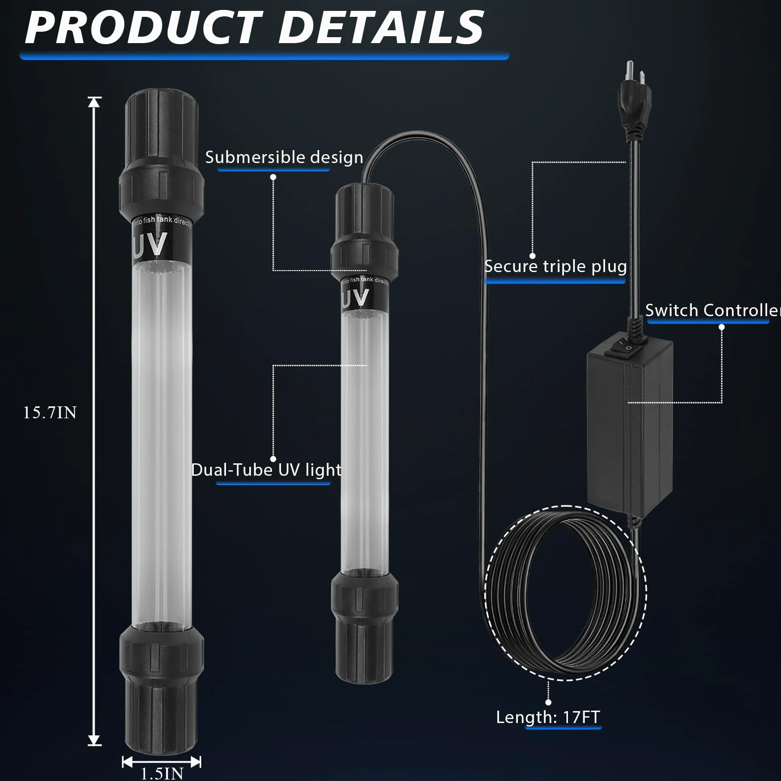 Luce UV sommergibile per acquario, 32 W, per acquario, luce UV, chiarificatore d'acqua per laghetto, piscina, vasca idromassaggio e tuffo freddo con controllo dell'acquario