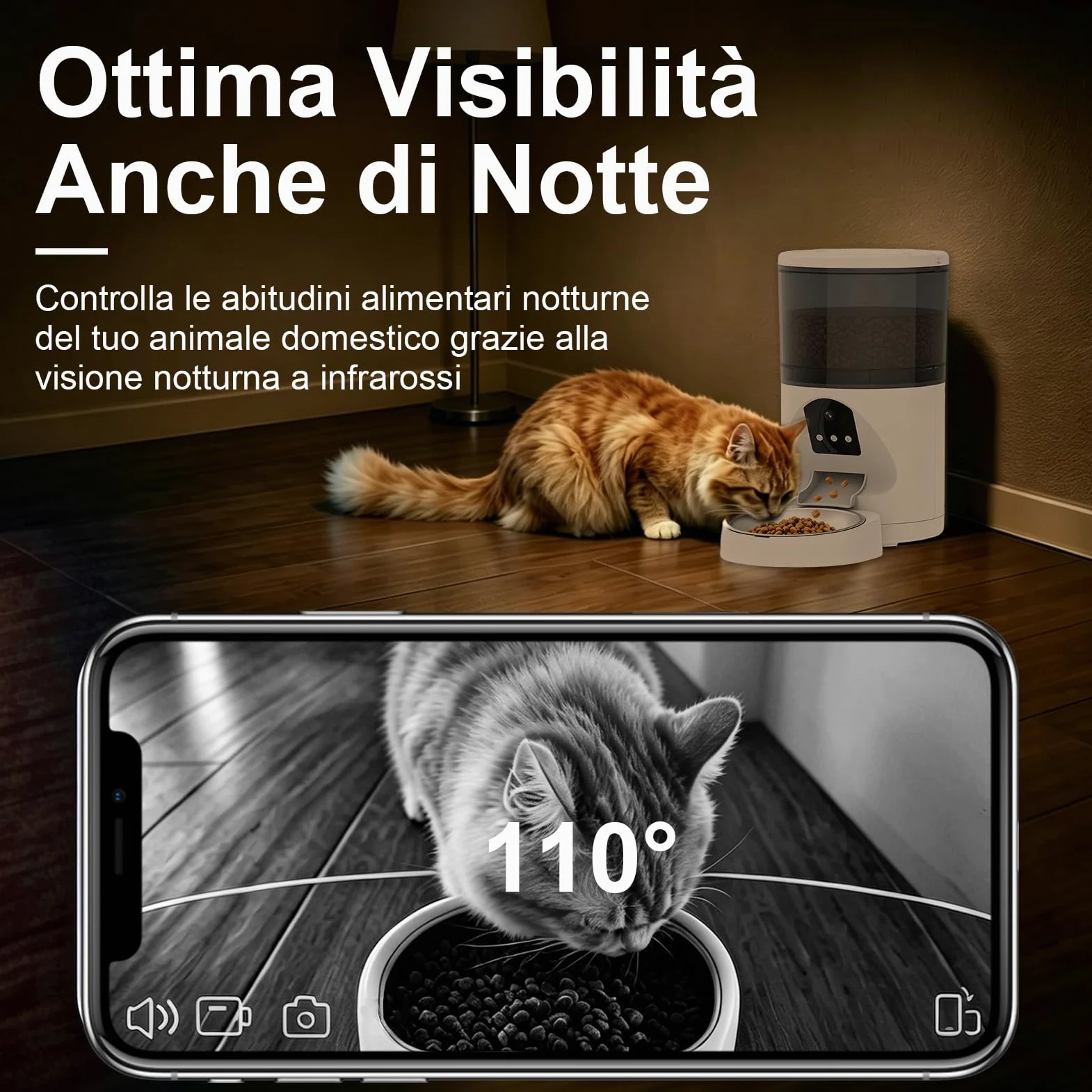 Distributore Automatico Cibo WiFi per Gatti e Cani 6L | 2.4Ghz WiFi, Dispenser Crocchette per Crocchette, 3MP HD Telecamera con Visione Notturna, Audio Bidirezionale, Controllo App