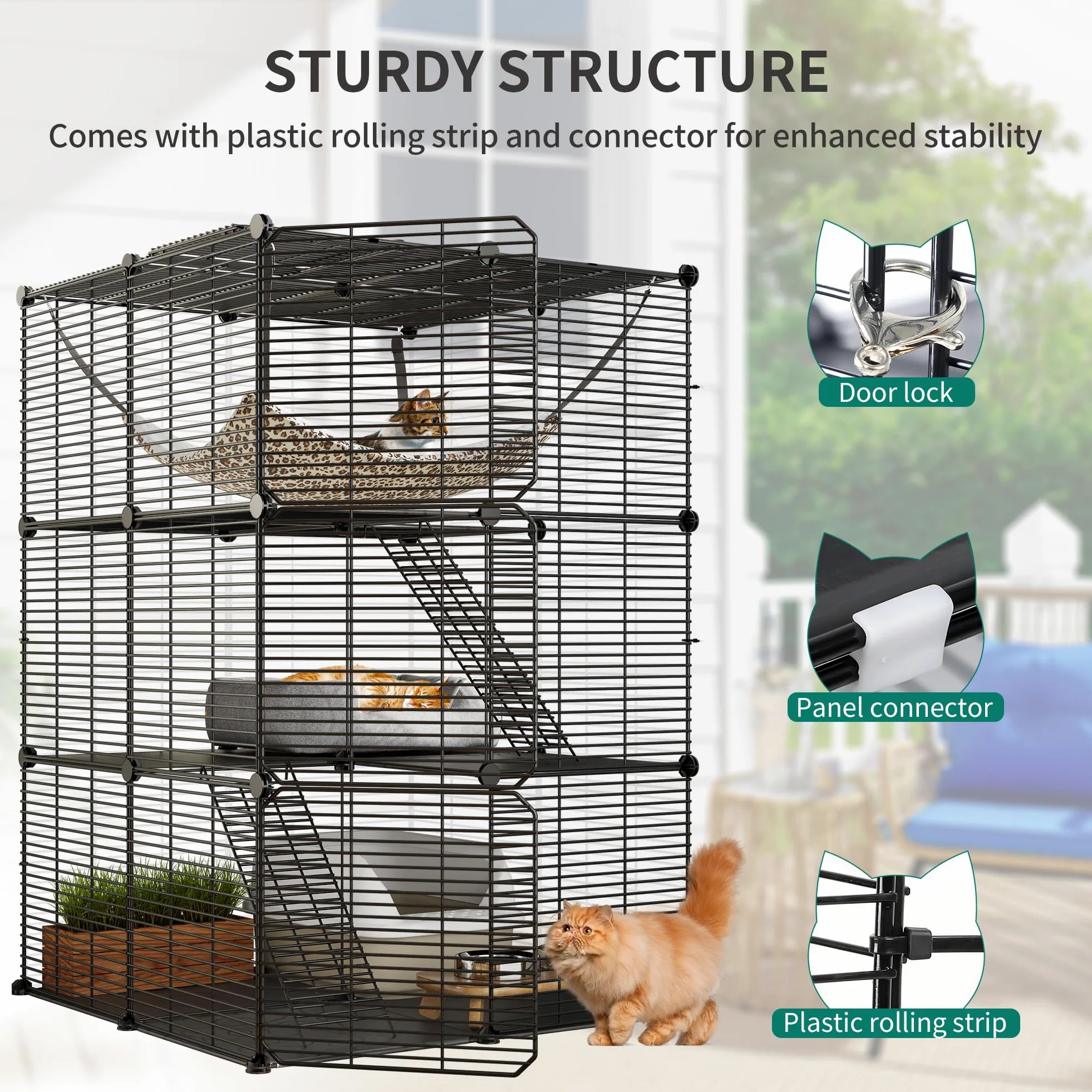 YITAHOME Gabbia per Gatti da Esterno/Interno, Recinto per Gatti a 3 Livelli con Amaca Extra Large, Gabbia per Animali Domestici con Filo Metallico Denso per 1-2 Gatti, Cincillà, Coniglio, Nero