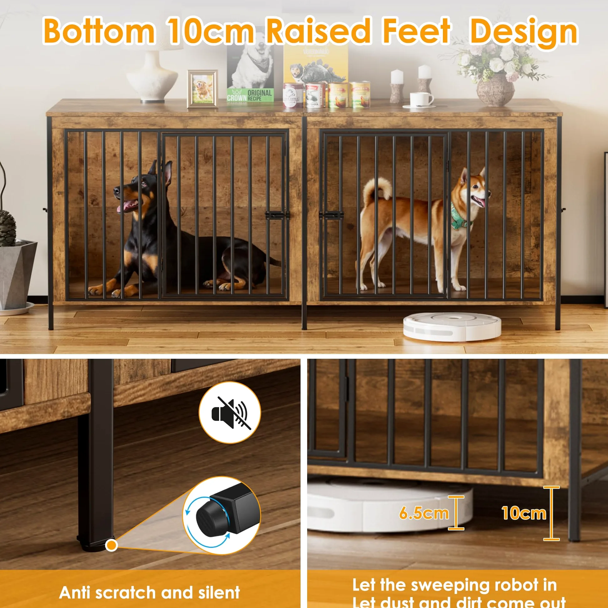 Gabbia per Cani Kennel,200CM Casetta per Cani da Interno,Gabbietta per Animali in Metallo e Legno,Tavolo Supplement,XXL Cuccia Robusta per Dog con Divisorio,Casetta per Animali,4 Porte,Fino a 100KG