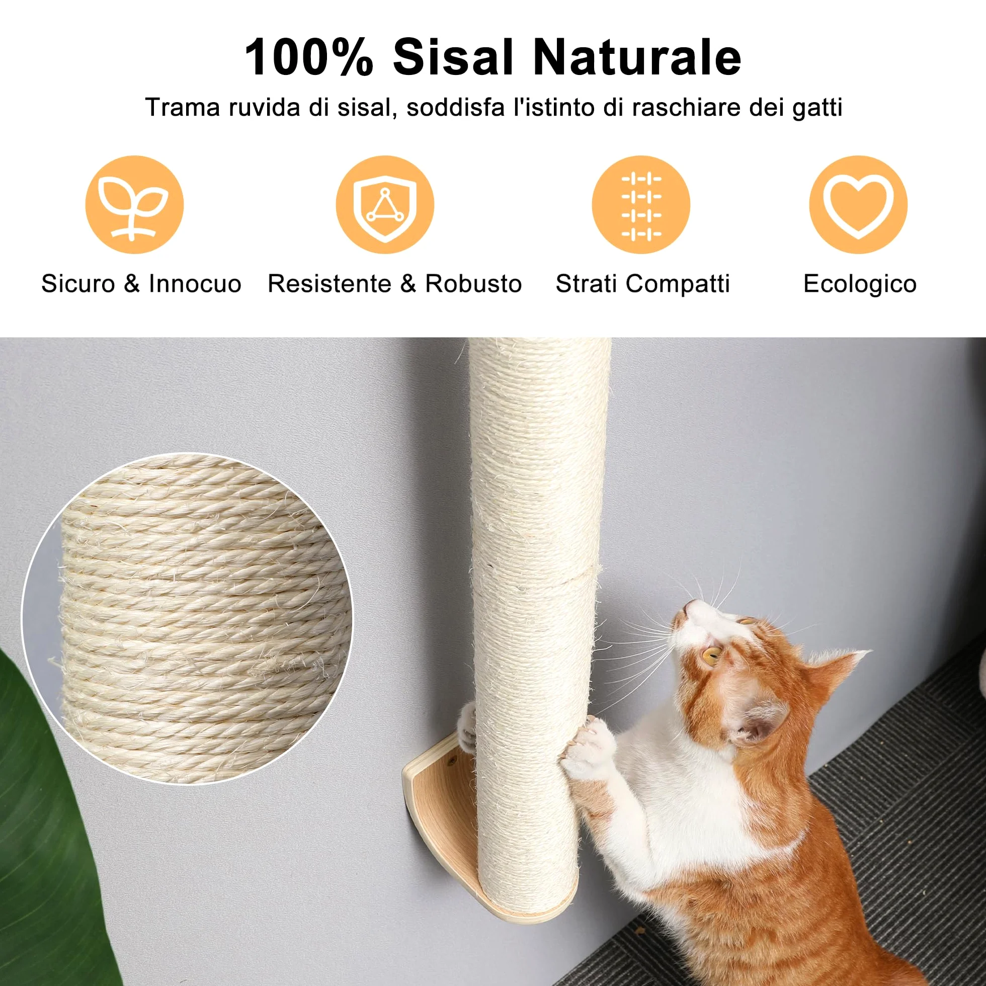 FUKUMARU Tiragraffi per Gatti da Parete, (L:71cm) Palo in Corda di Sisal Naturale a Muro per Gattini, Solido Albero per Arrampicare per Gatti Domestici.