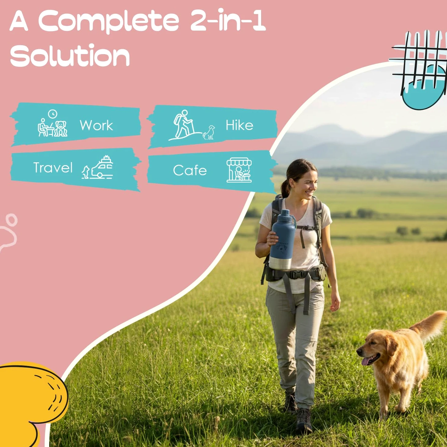 LOVE WAG & PLAY Borraccia per cani da 32 once – Borraccia portatile 2 in 1 per animali domestici, con ciotole integrate, a prova di perdite, senza BPA, per escursioni, passeggiate, uso esterno (blu