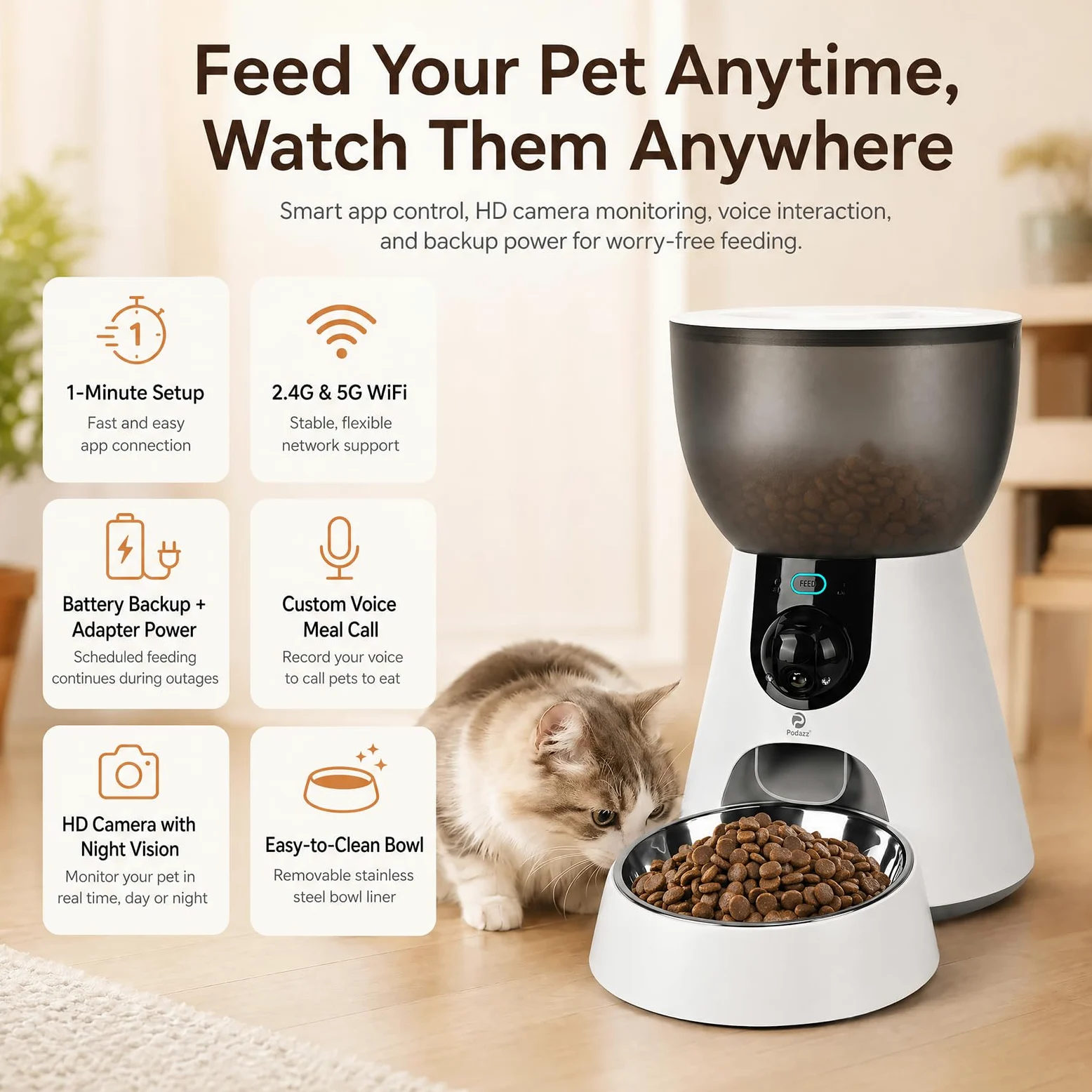 Podazz Distributore Automatico Cibo Gatti con Fotocamera 1080P, 2.4G/5G WiFi Dispenser Cibo Gatti, Controllo App, Timer, Visione Notturna e Voce Bidirezionale, Fino a 10 Porzioni 10 Pasti al Giorno