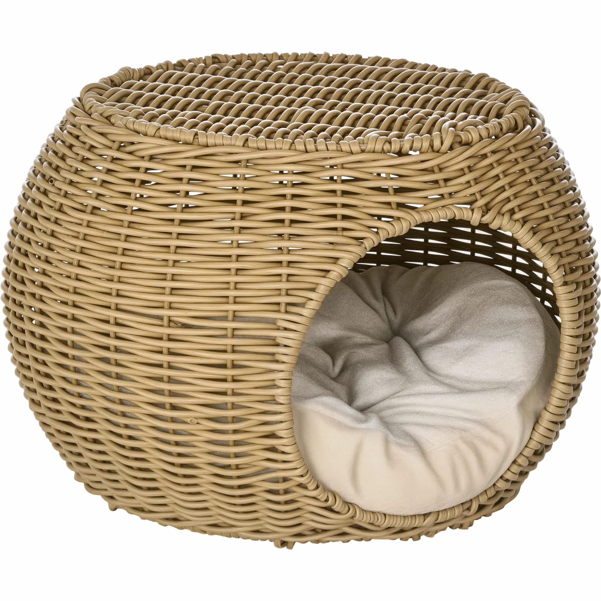 PawHut Nicchia per Gatto in Resina Intrecciata Imitazione Rattan, Maison con Cuscino Morbido Ø 40 x 30 cm, Marrone Chiaro