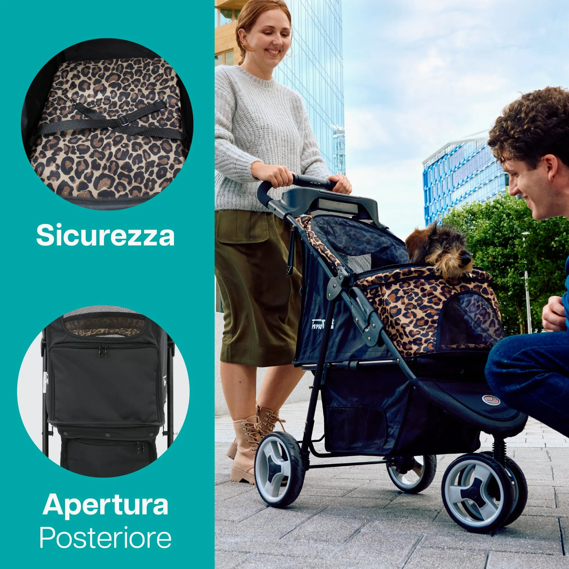 Innopet Buggy Allure Cheetah - Elegante passeggino per cani con stampa leopardata, pieghevole con una sola mano - Ruote antiforatura - Peso massimo 20 kg - carrozzina ideale per gatti