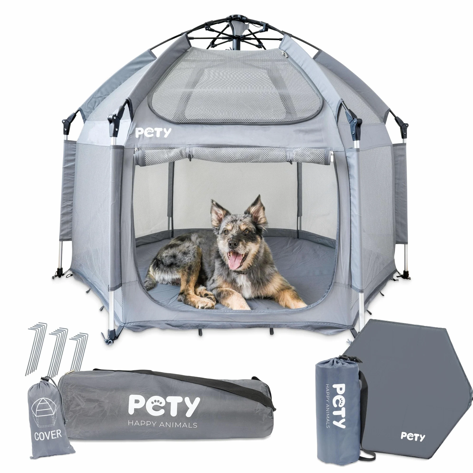 PETY Set box per cani – 150 x 100 cm tenda mobile per cani con borsa per il trasporto, tetto UV e tappetino – recinto per animali domestici e interni – accessori da viaggio per il campeggio –