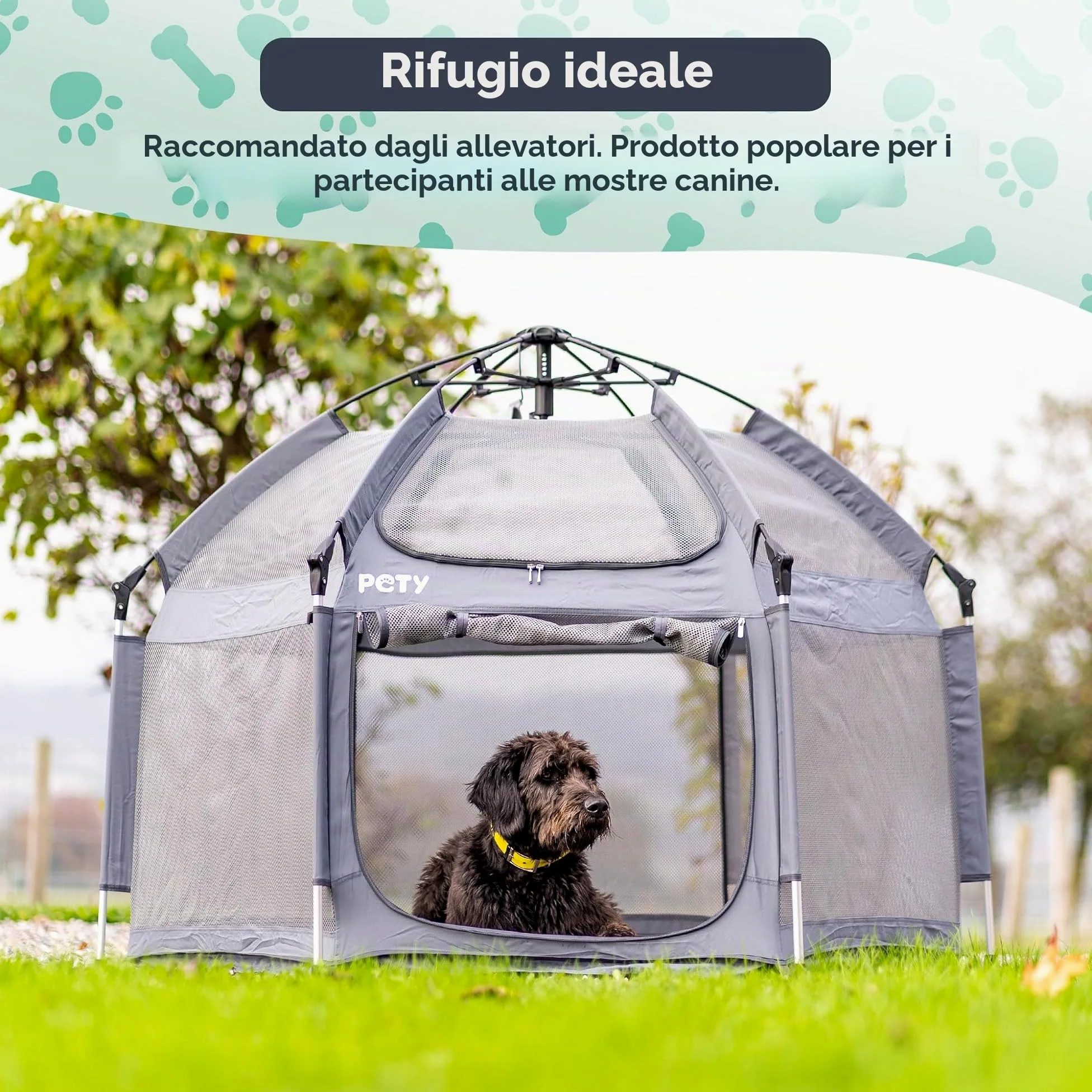 PETY Set box per cani – 150 x 100 cm tenda mobile per cani con borsa per il trasporto, tetto UV e tappetino – recinto per animali domestici e interni – accessori da viaggio per il campeggio –