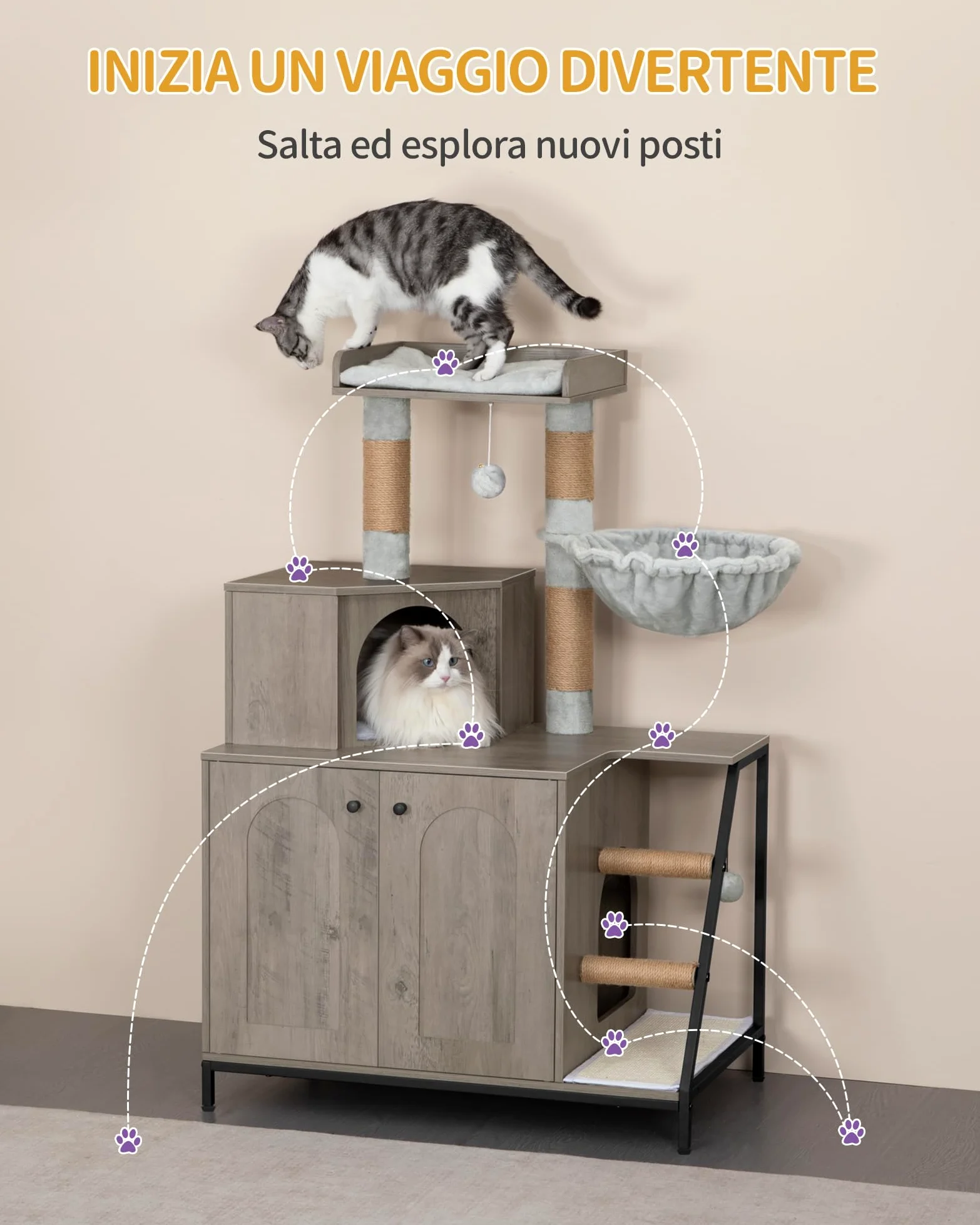 Hzuaneri Mobile Lettiera per Gatti, Cuccia per Gatti 4 in 1 Con Grande Piattaforma, Cuccia per Gatto Con Tappetino Antigraffio in Sisal, Pali, Scale E Pompon, Cuscini Lavabili, Grigio CB81005B