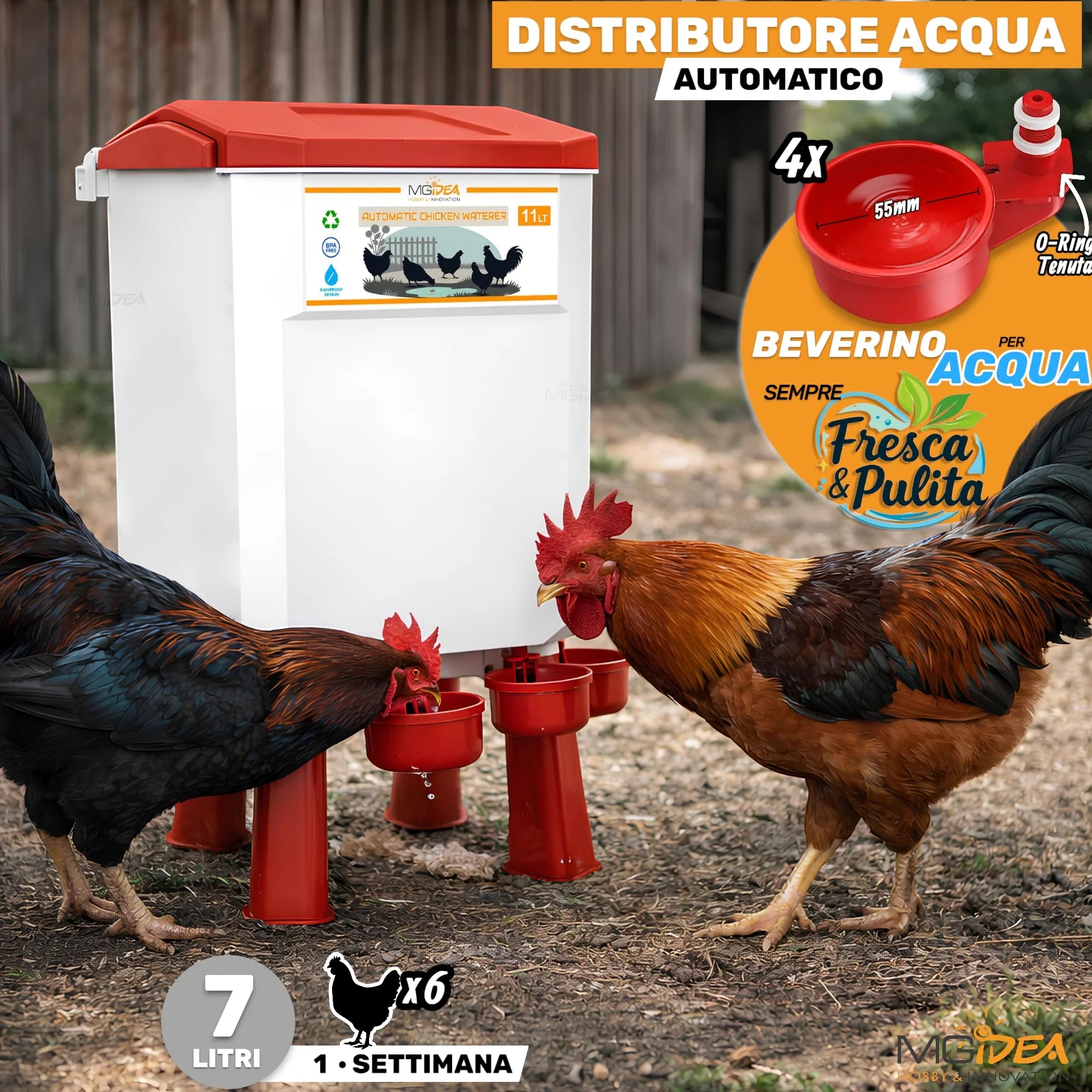 KIT MANGIATOIA ABBEVERATOIO GALLINE DISPENSER AUTOMATICO SISTEMA DISTRIBUTORE ACQUA MANGIME POLLAIO REGOLABILE GIARDINO PULCINI (8 Kg + 7 Lt)