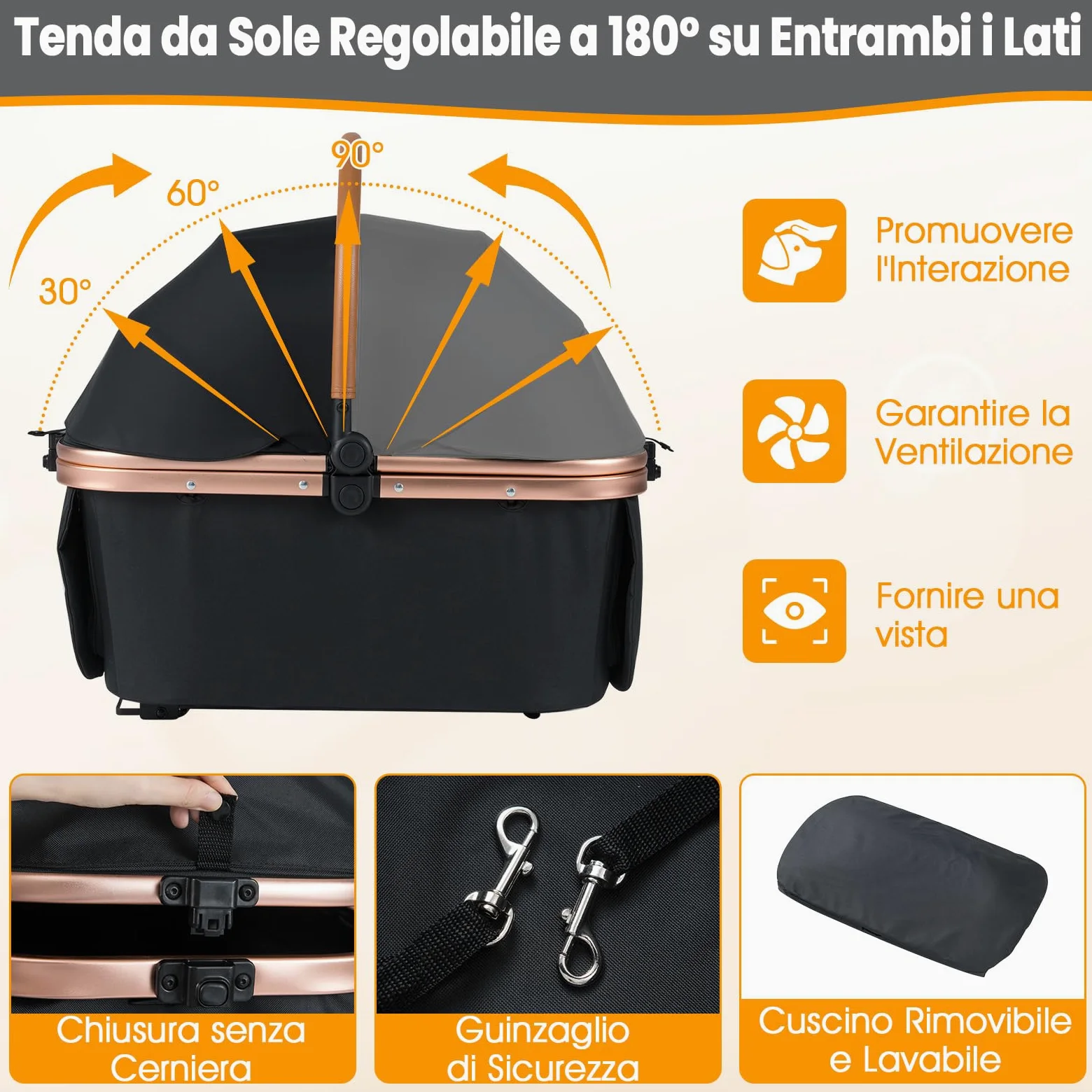 COSTWAY Passeggino Pieghevole per Cani 3 in 1, Carrozzino per Animali con Portapacchi Rimovibile, Tettuccio, Cuscino Rimovibile, Cintura di Sicurezza, Cestino e Portabicchiere, Portata 25 kg