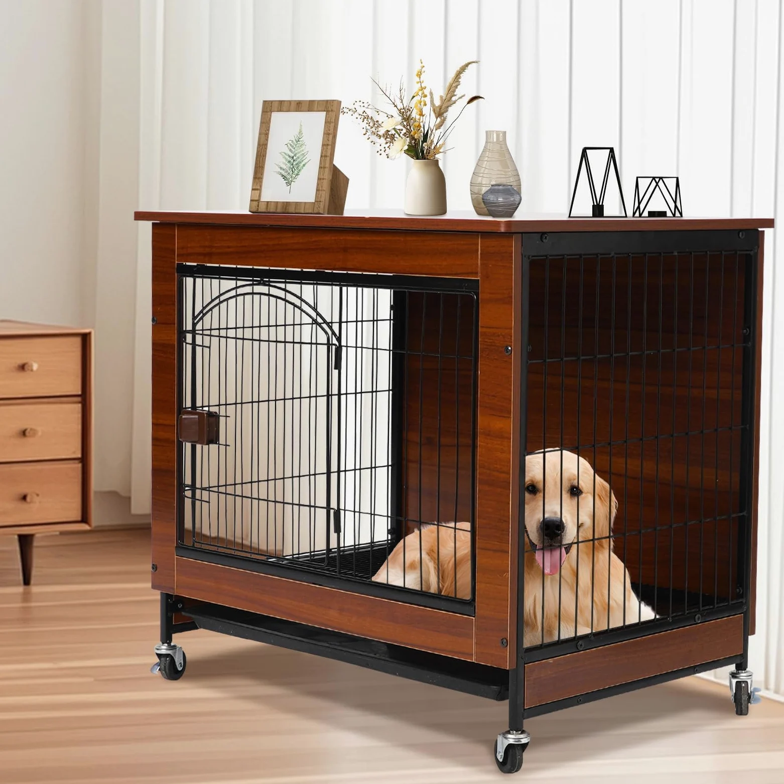 Gabbia per Cani a Stile Mobile, 78cm Casetta per Cani in Legno Moderno per Interni, Multifunzione con Ruote Universali & Vassoio Rimovibile, Adatta a Cani Piccoli/Medi, 78x55x73 cm, Marrone Vintage