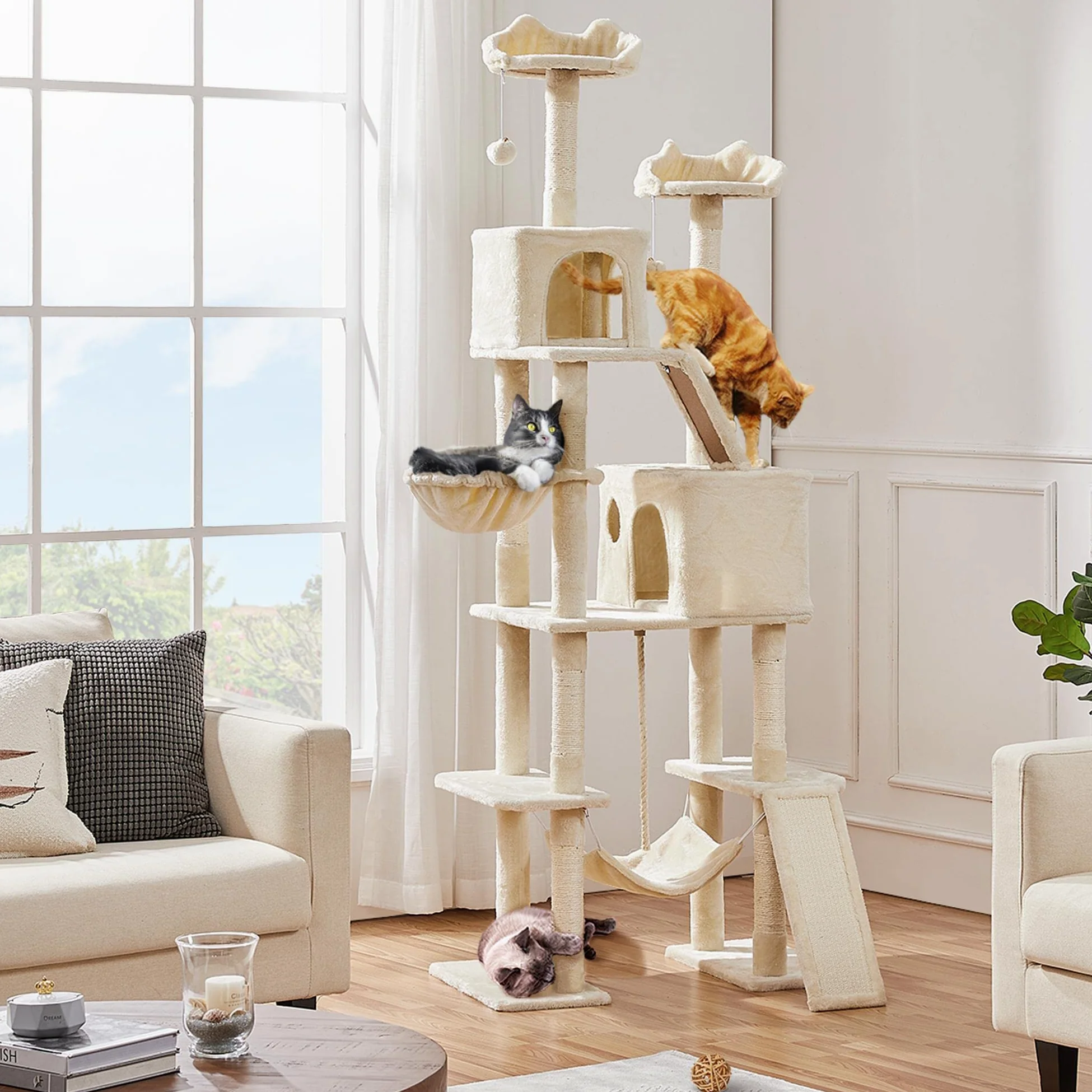 Yaheetech Albero Tiragraffi per Gatti Altezza 209 cm in Truciolato e Corda in Sisal con Condomini Posatoi e Amaca per Gioco e Pisolini Multilivello Beige