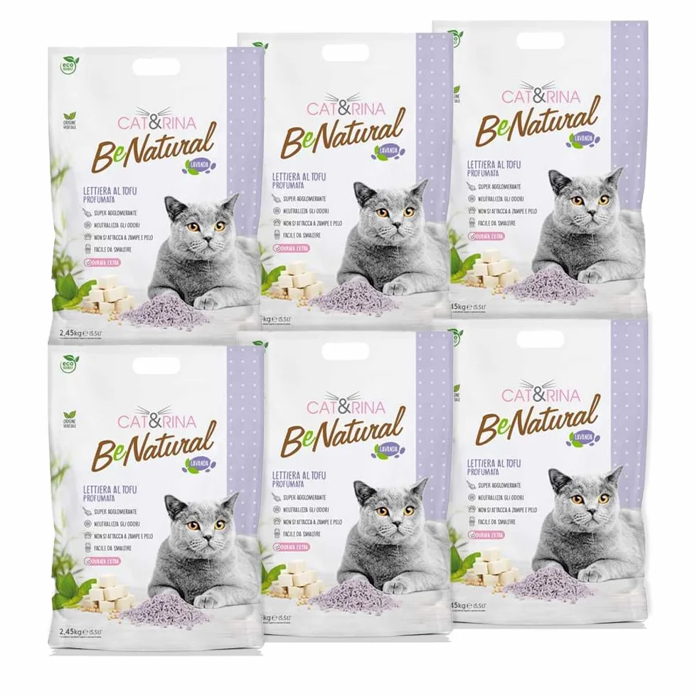 Cat&Rina BeNatural, lettiera per gatti al tofu da 5,5l Agglomerante e Vegetale. Fino a 30 giorni di utilizzo. Si smaltisce nell'organico o nel wc. Sabbia gatti anti odore Lavanda, 6 pezzi