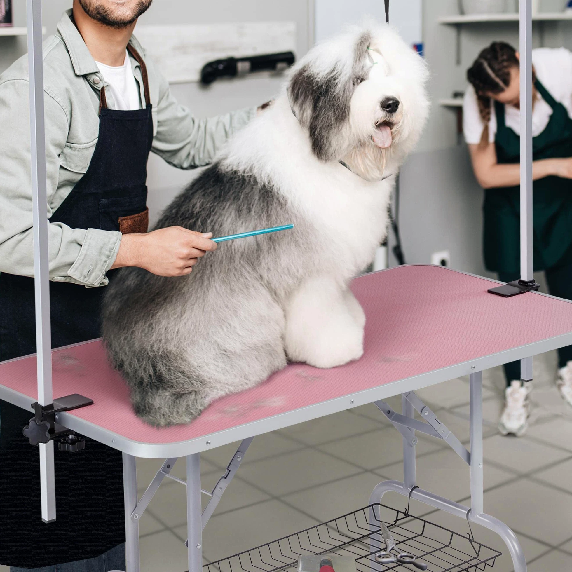 Yaheetech Tavolo da Toelettatura Cani Tosatura per Cani Gatti Animali Pieghevole Rosa 118 x 61 x 177 cm